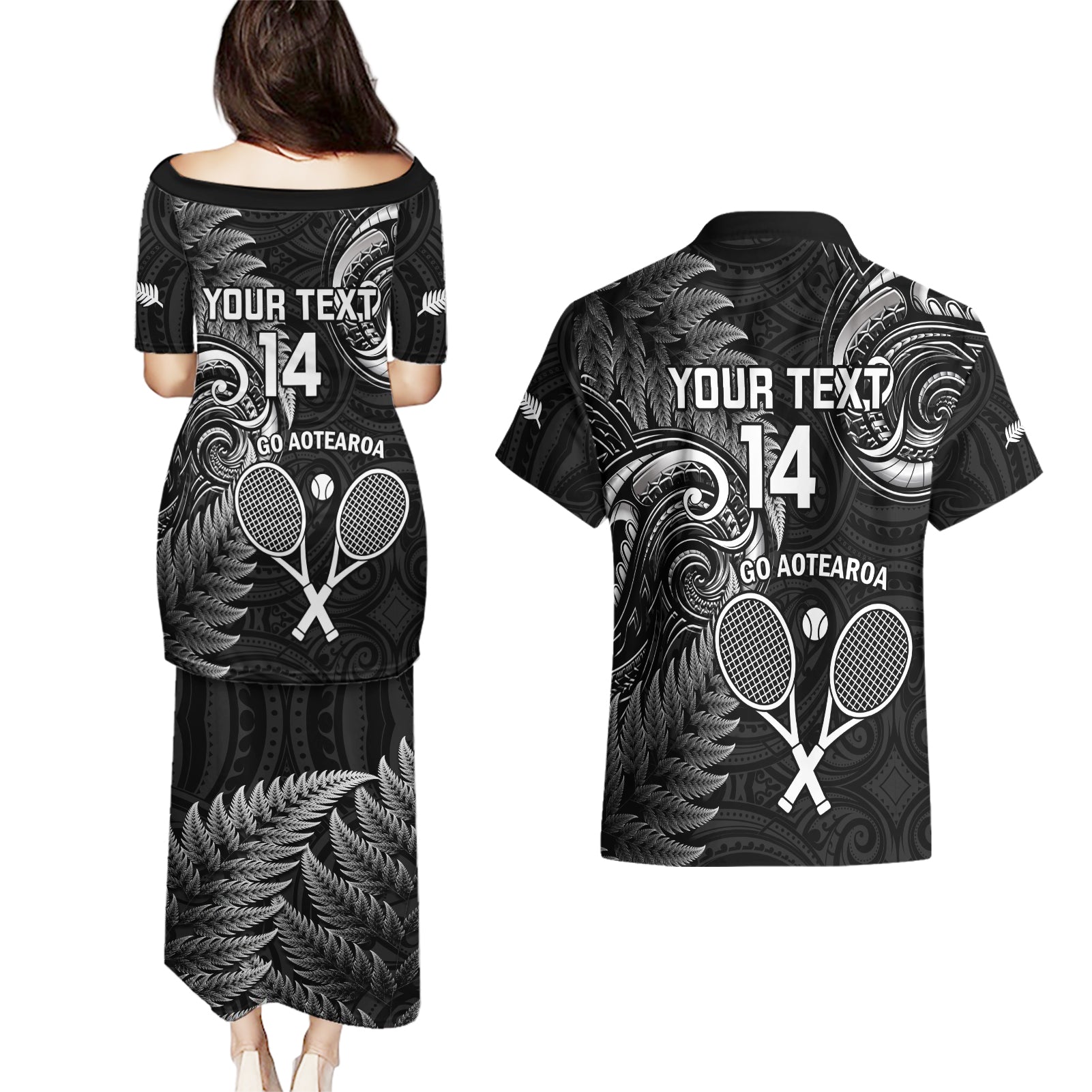 Custom New Zealand Tiki Tennis Couples Matching Puletasi and Hawaiian Shirt 2024 Aotearoa Tenehi Maori Silver Fern - Black