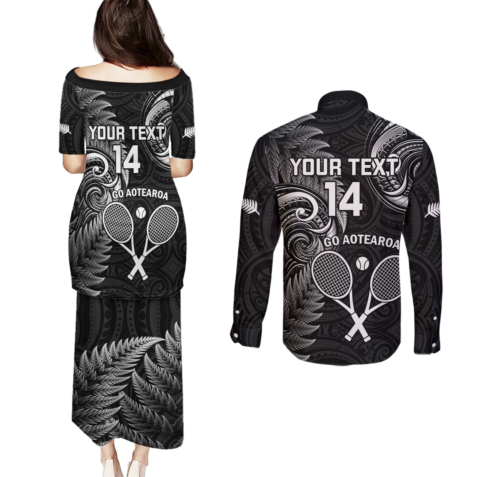 Custom New Zealand Tiki Tennis Couples Matching Puletasi and Long Sleeve Button Shirt 2024 Aotearoa Tenehi Maori Silver Fern - Black