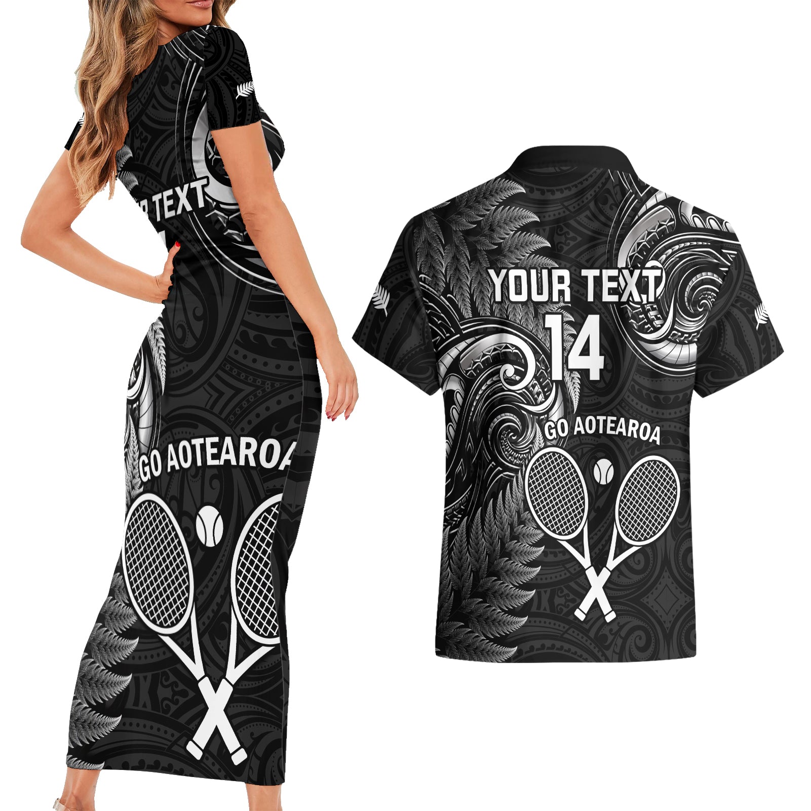 Custom New Zealand Tiki Tennis Couples Matching Short Sleeve Bodycon Dress and Hawaiian Shirt 2024 Aotearoa Tenehi Maori Silver Fern - Black