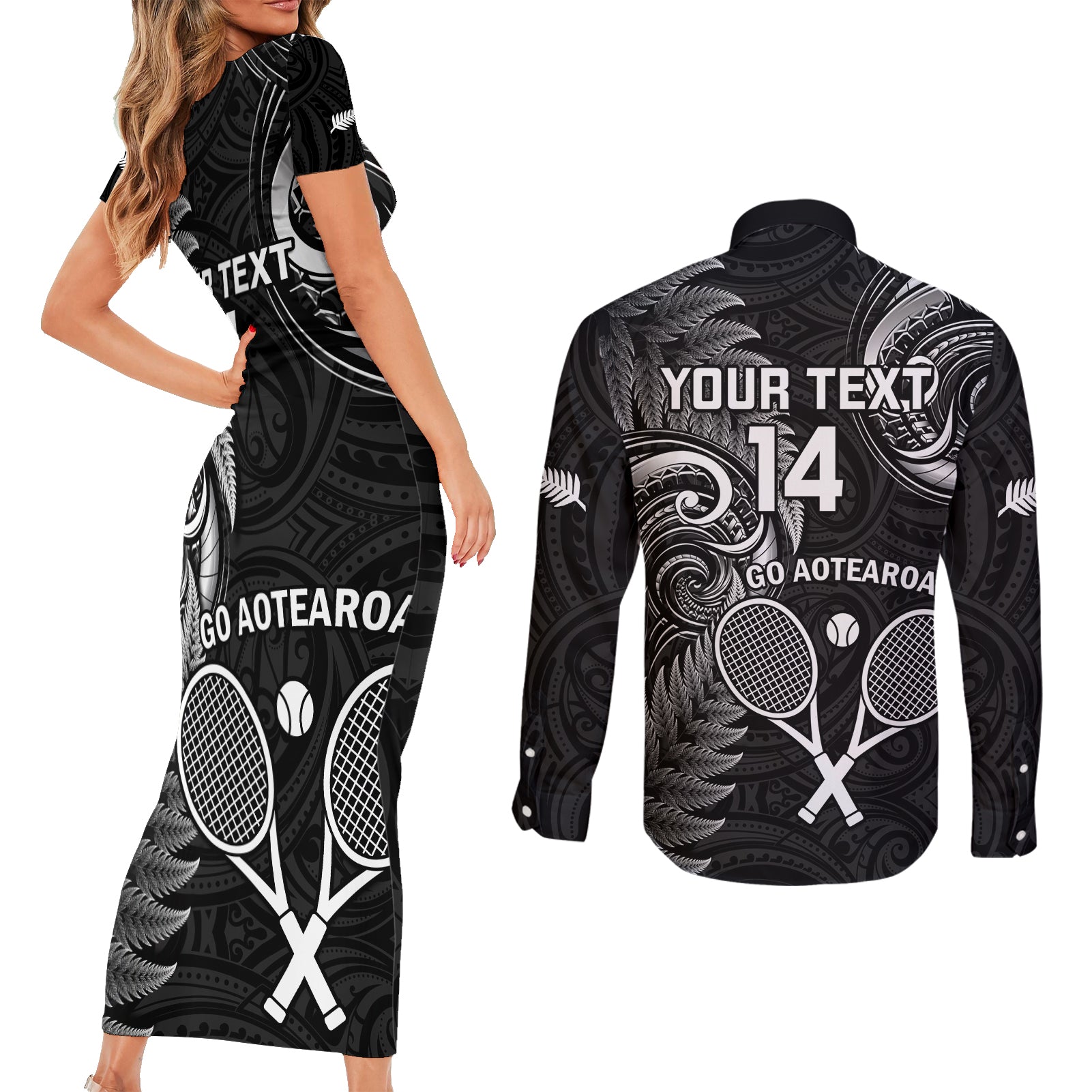 Custom New Zealand Tiki Tennis Couples Matching Short Sleeve Bodycon Dress and Long Sleeve Button Shirt 2024 Aotearoa Tenehi Maori Silver Fern - Black