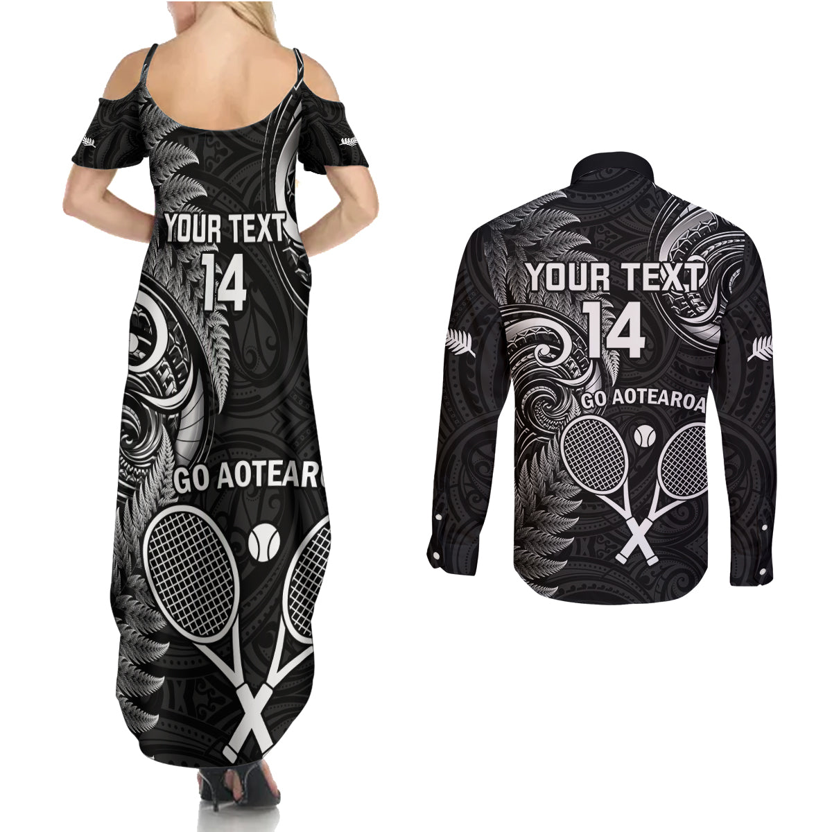 Custom New Zealand Tiki Tennis Couples Matching Summer Maxi Dress and Long Sleeve Button Shirt 2024 Aotearoa Tenehi Maori Silver Fern - Black