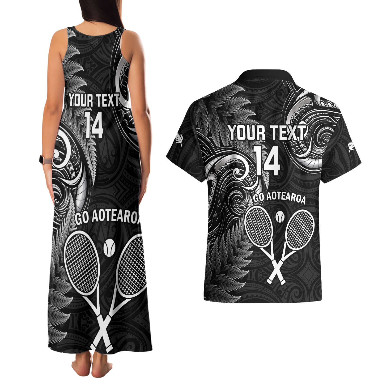 Custom New Zealand Tiki Tennis Couples Matching Tank Maxi Dress and Hawaiian Shirt 2024 Aotearoa Tenehi Maori Silver Fern - Black