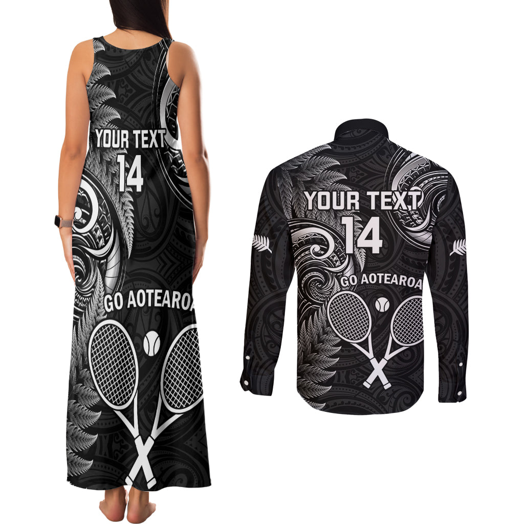 Custom New Zealand Tiki Tennis Couples Matching Tank Maxi Dress and Long Sleeve Button Shirt 2024 Aotearoa Tenehi Maori Silver Fern - Black