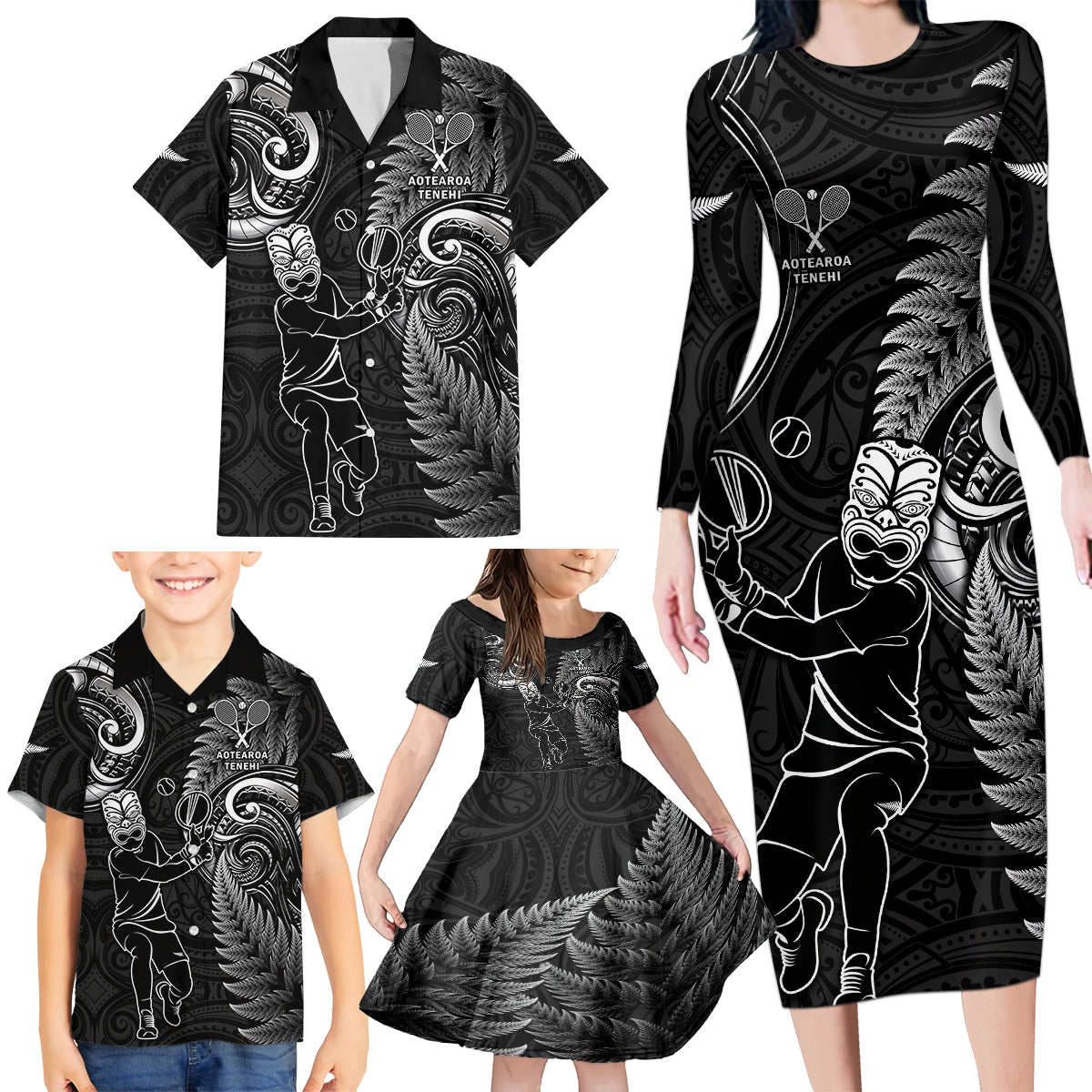 Custom New Zealand Tiki Tennis Family Matching Long Sleeve Bodycon Dress and Hawaiian Shirt 2024 Aotearoa Tenehi Maori Silver Fern - Black