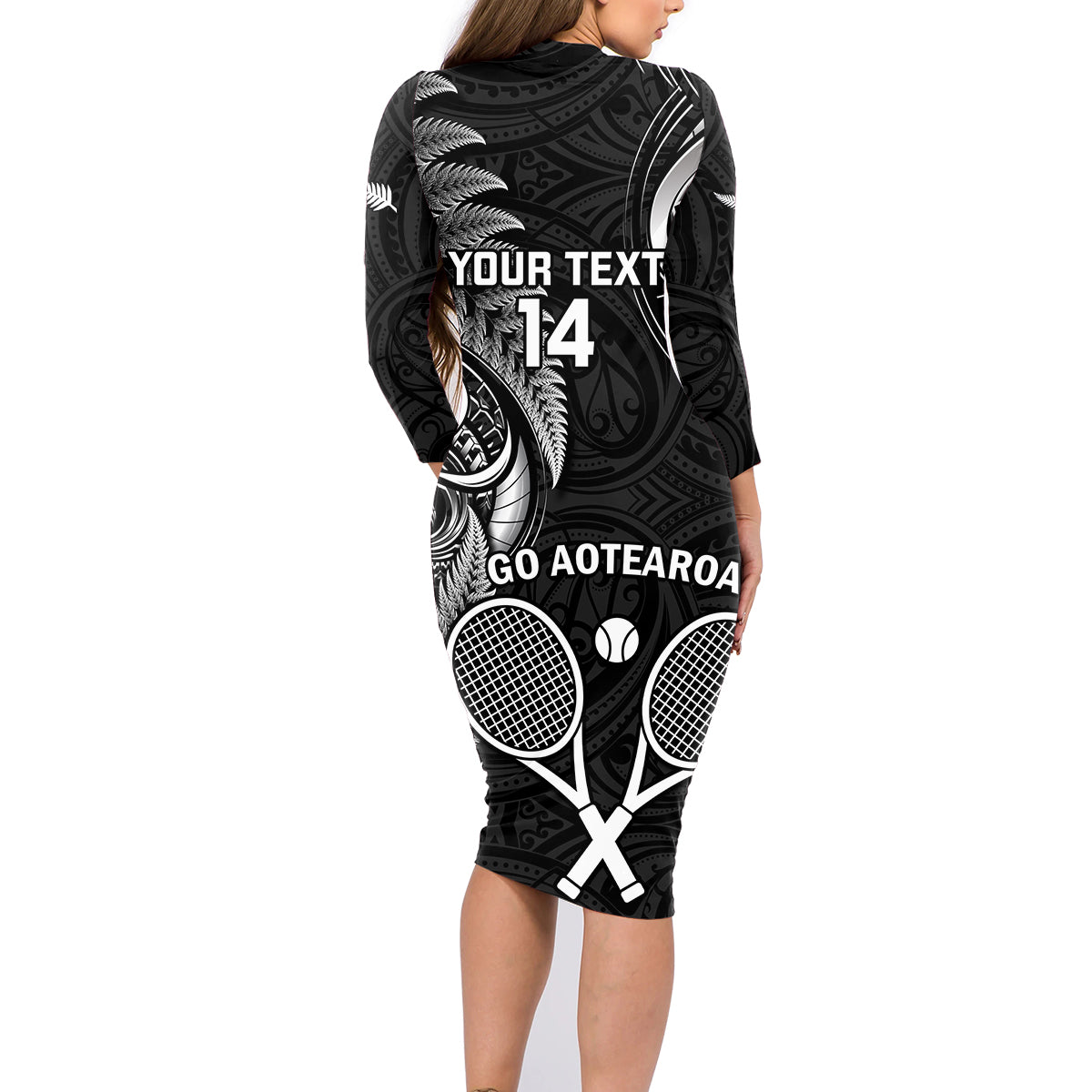 Custom New Zealand Tiki Tennis Family Matching Long Sleeve Bodycon Dress and Hawaiian Shirt 2024 Aotearoa Tenehi Maori Silver Fern - Black