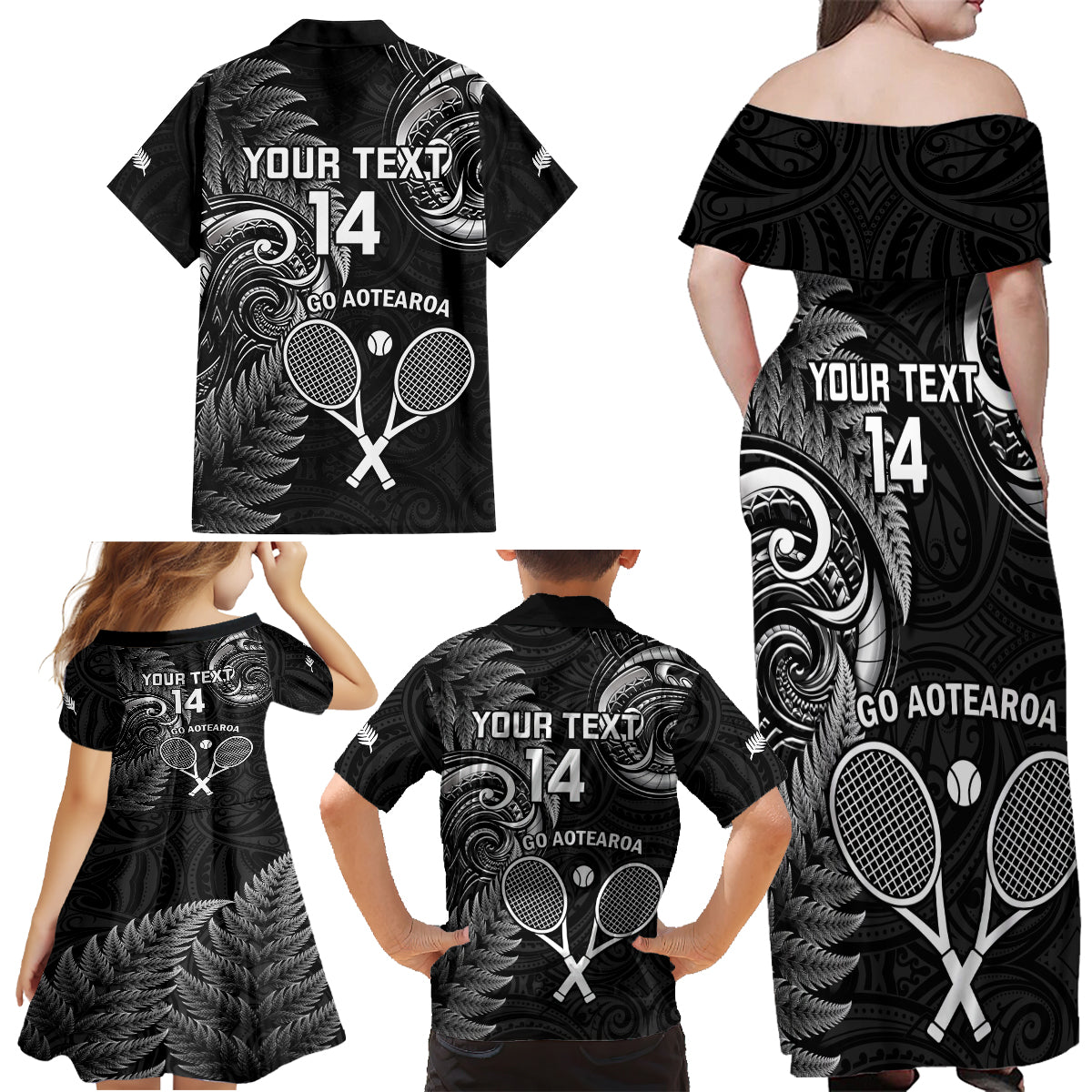 Custom New Zealand Tiki Tennis Family Matching Off Shoulder Maxi Dress and Hawaiian Shirt 2024 Aotearoa Tenehi Maori Silver Fern - Black