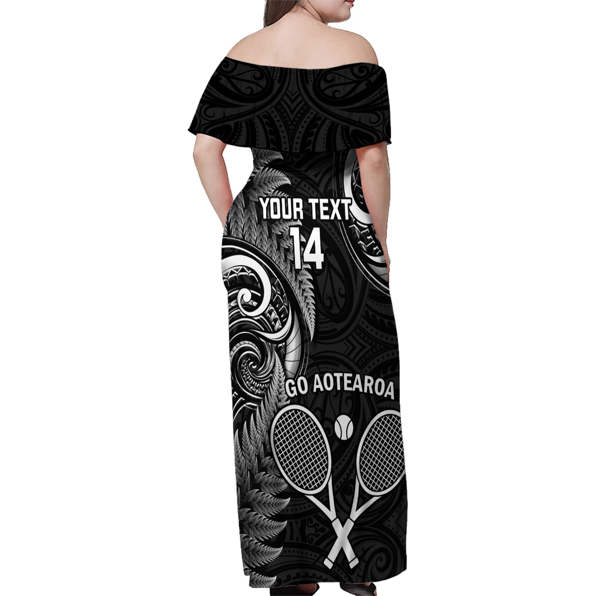 Custom New Zealand Tiki Tennis Family Matching Off Shoulder Maxi Dress and Hawaiian Shirt 2024 Aotearoa Tenehi Maori Silver Fern - Black