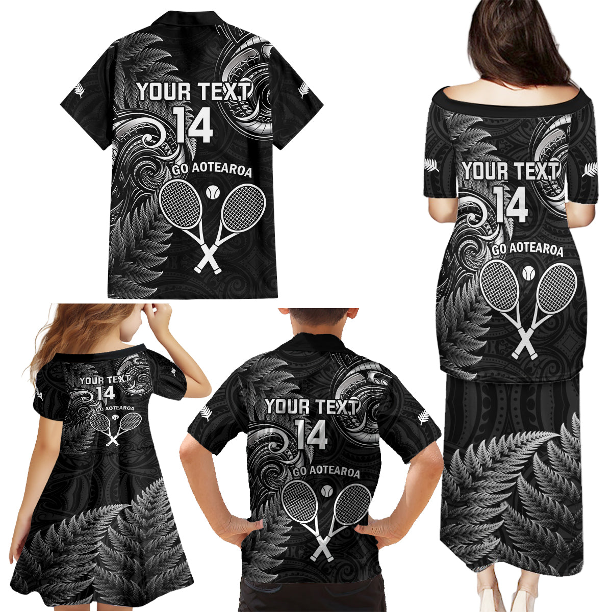 Custom New Zealand Tiki Tennis Family Matching Puletasi and Hawaiian Shirt 2024 Aotearoa Tenehi Maori Silver Fern - Black