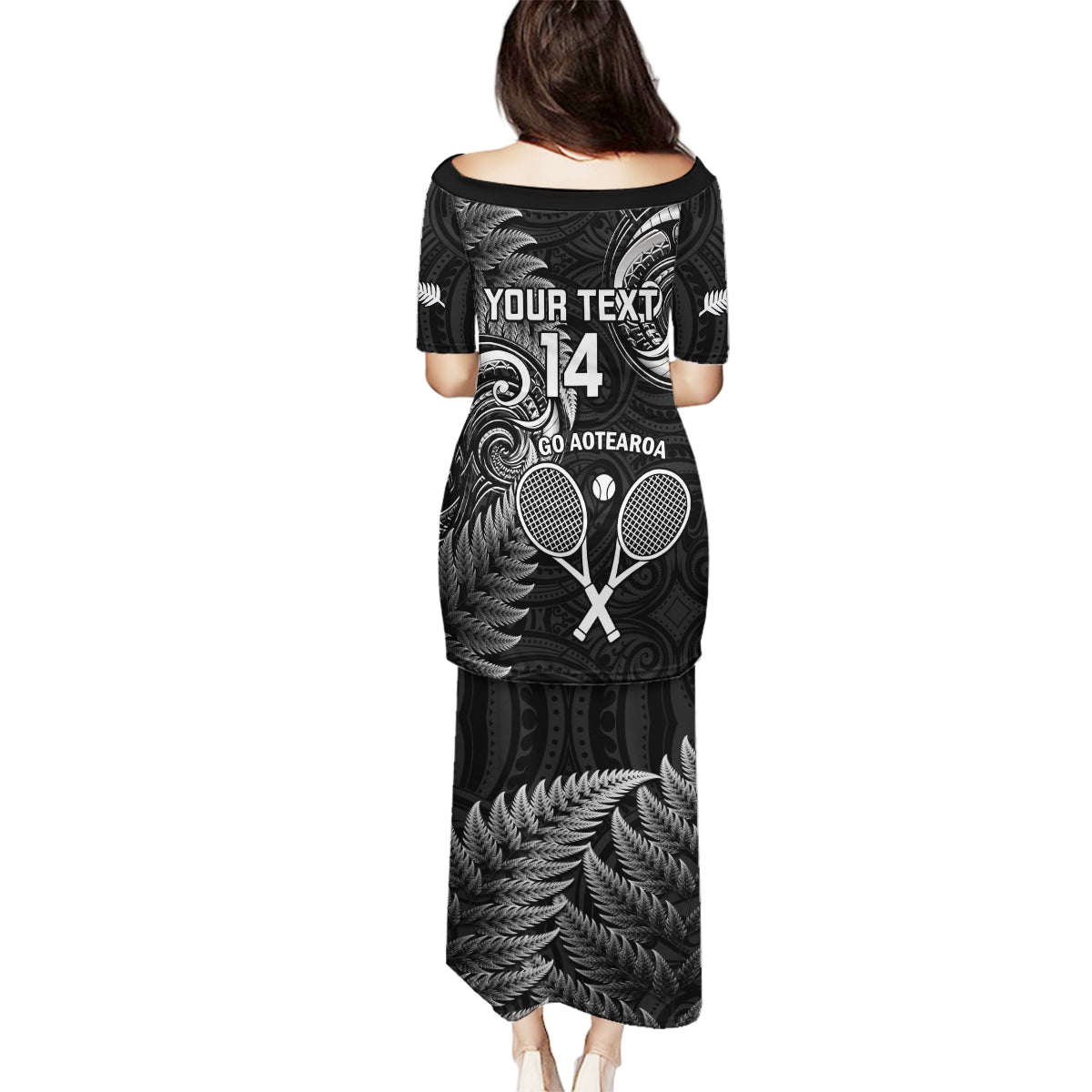 Custom New Zealand Tiki Tennis Family Matching Puletasi and Hawaiian Shirt 2024 Aotearoa Tenehi Maori Silver Fern - Black