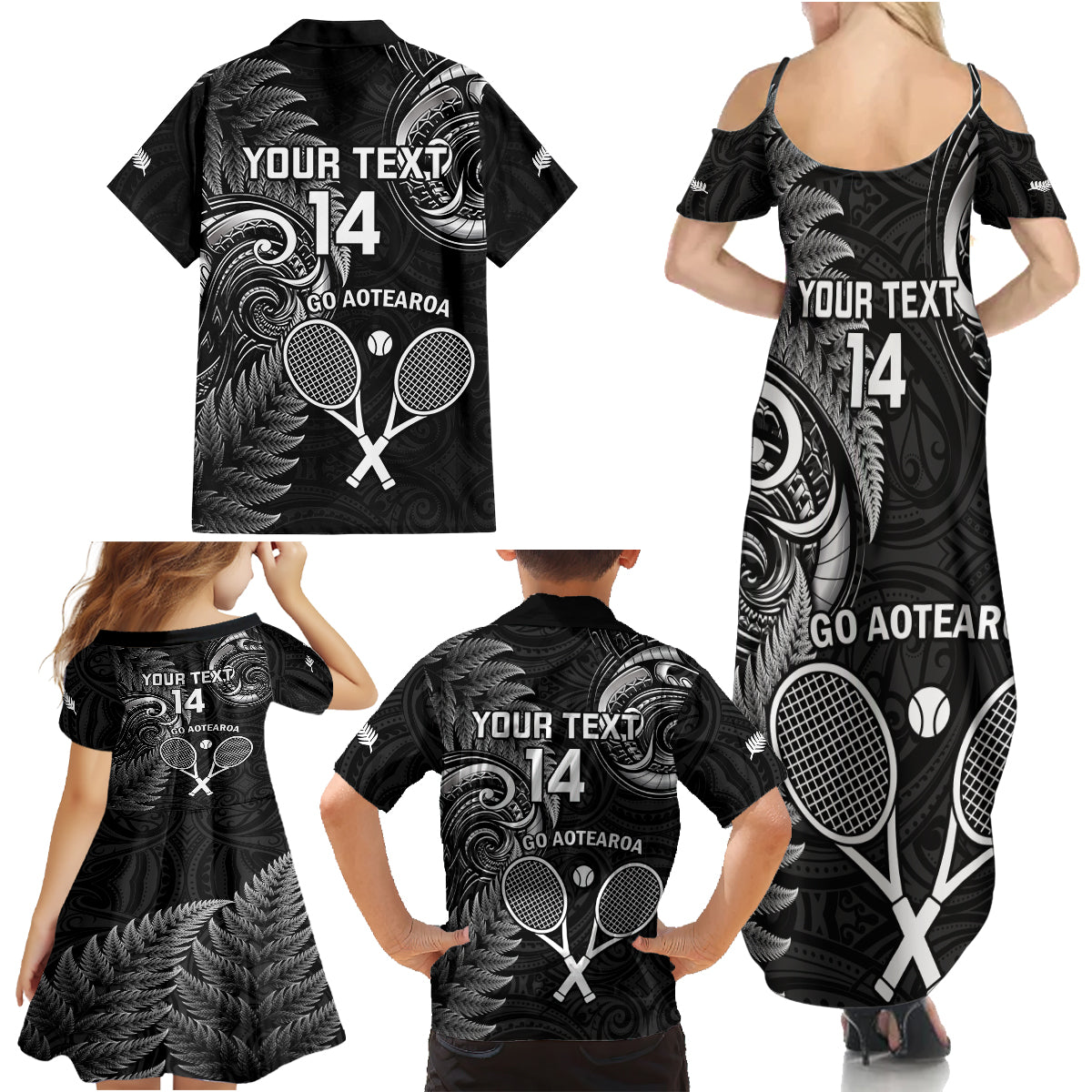 Custom New Zealand Tiki Tennis Family Matching Summer Maxi Dress and Hawaiian Shirt 2024 Aotearoa Tenehi Maori Silver Fern - Black