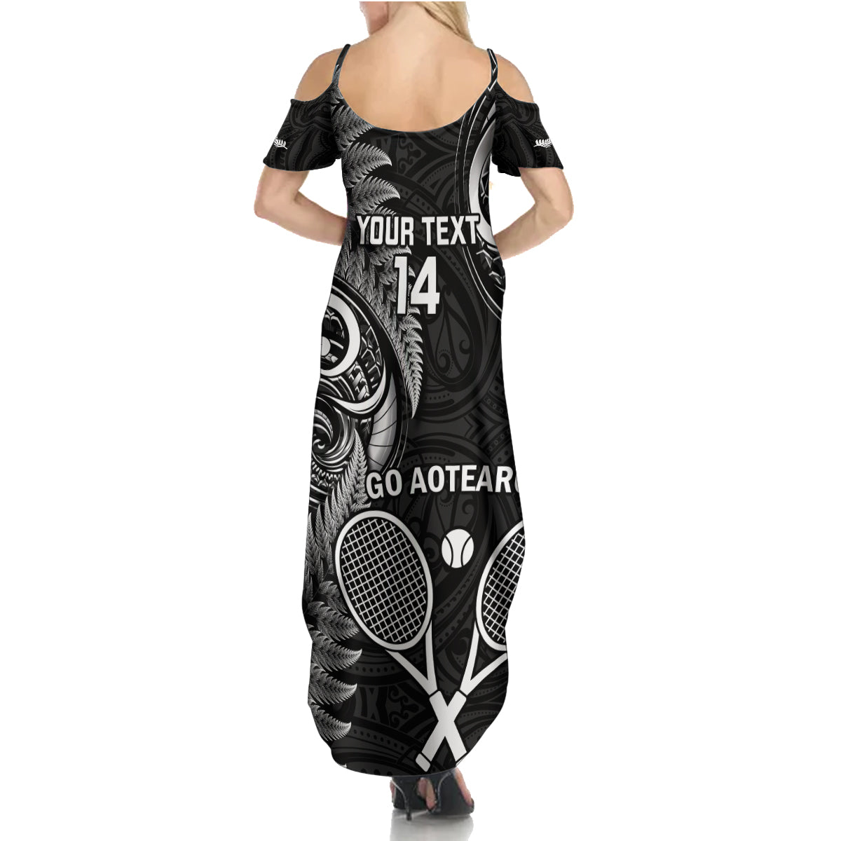 Custom New Zealand Tiki Tennis Family Matching Summer Maxi Dress and Hawaiian Shirt 2024 Aotearoa Tenehi Maori Silver Fern - Black