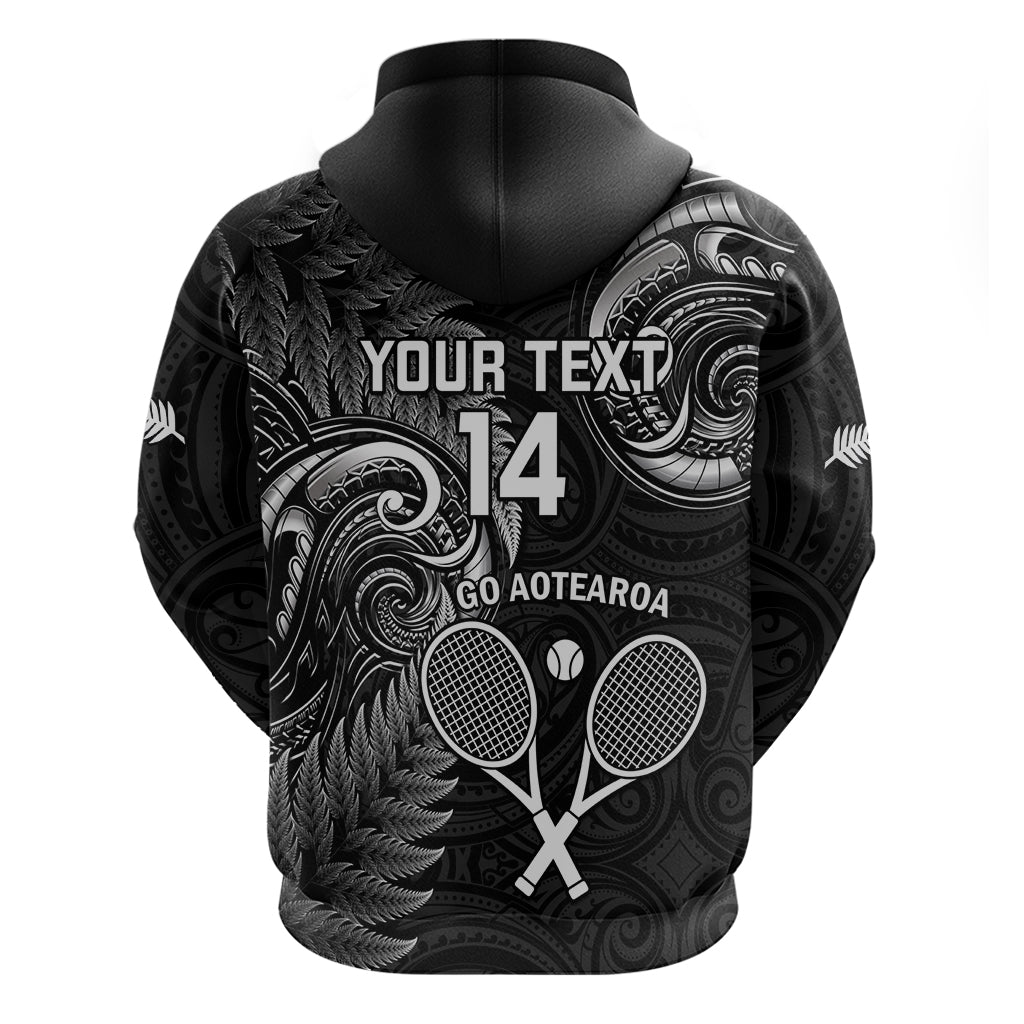 Custom New Zealand Tiki Tennis Hoodie 2024 Aotearoa Tenehi Maori Silver Fern - Black - Vibe Hoodie Shop