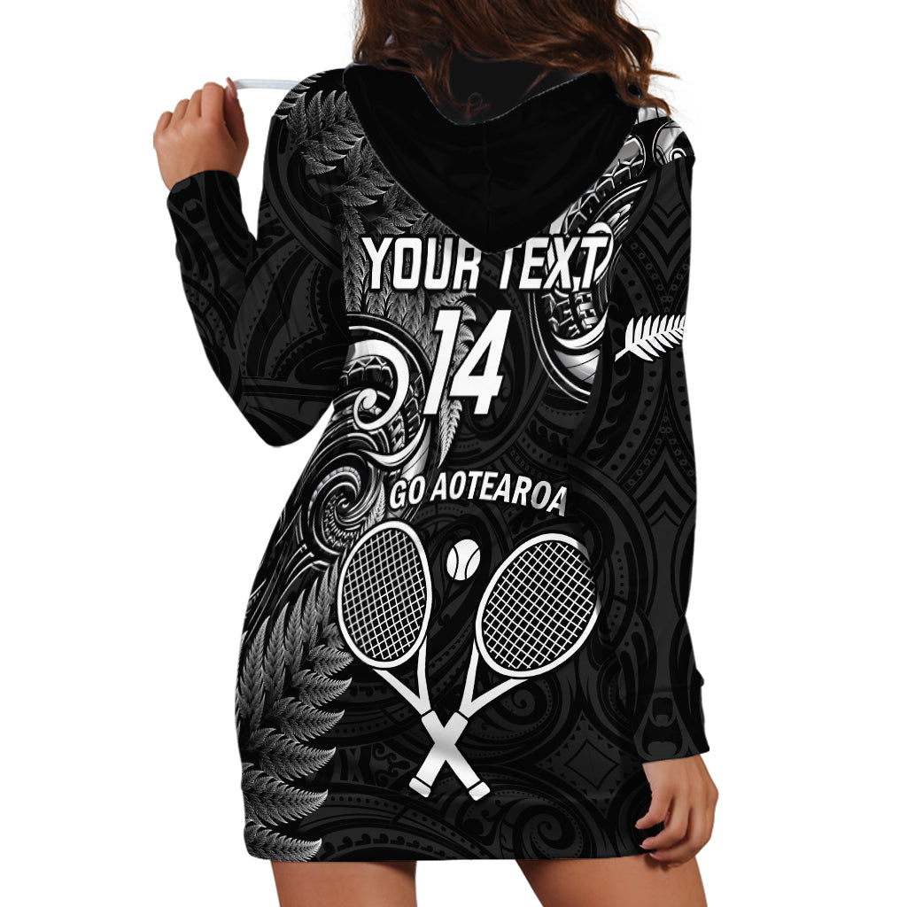 Custom New Zealand Tiki Tennis Hoodie Dress 2024 Aotearoa Tenehi Maori Silver Fern - Black - Vibe Hoodie Shop