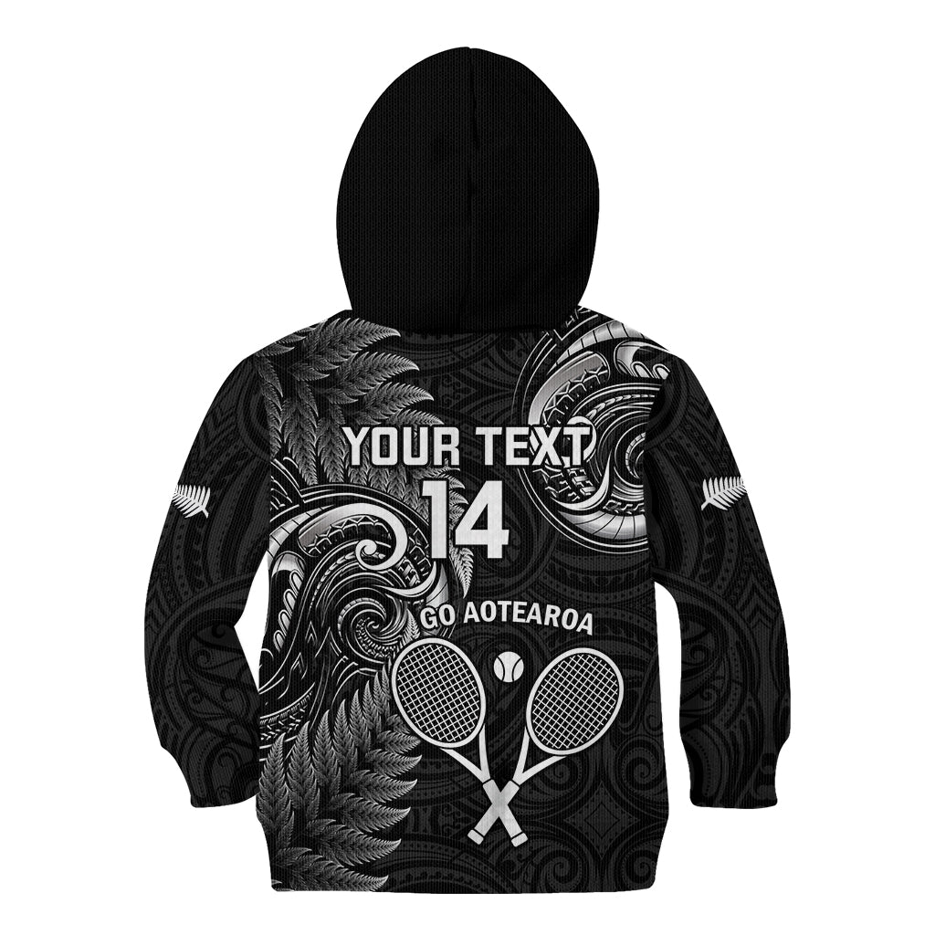 Custom New Zealand Tiki Tennis Kid Hoodie 2024 Aotearoa Tenehi Maori Silver Fern - Black - Vibe Hoodie Shop