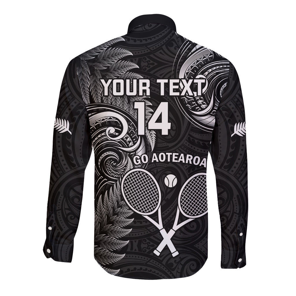 Custom New Zealand Tiki Tennis Long Sleeve Button Shirt 2024 Aotearoa Tenehi Maori Silver Fern - Black - Vibe Hoodie Shop