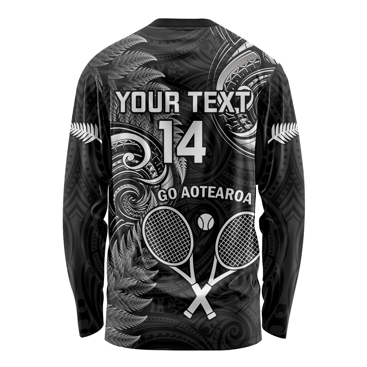 Custom New Zealand Tiki Tennis Long Sleeve Shirt 2024 Aotearoa Tenehi Maori Silver Fern - Black - Vibe Hoodie Shop