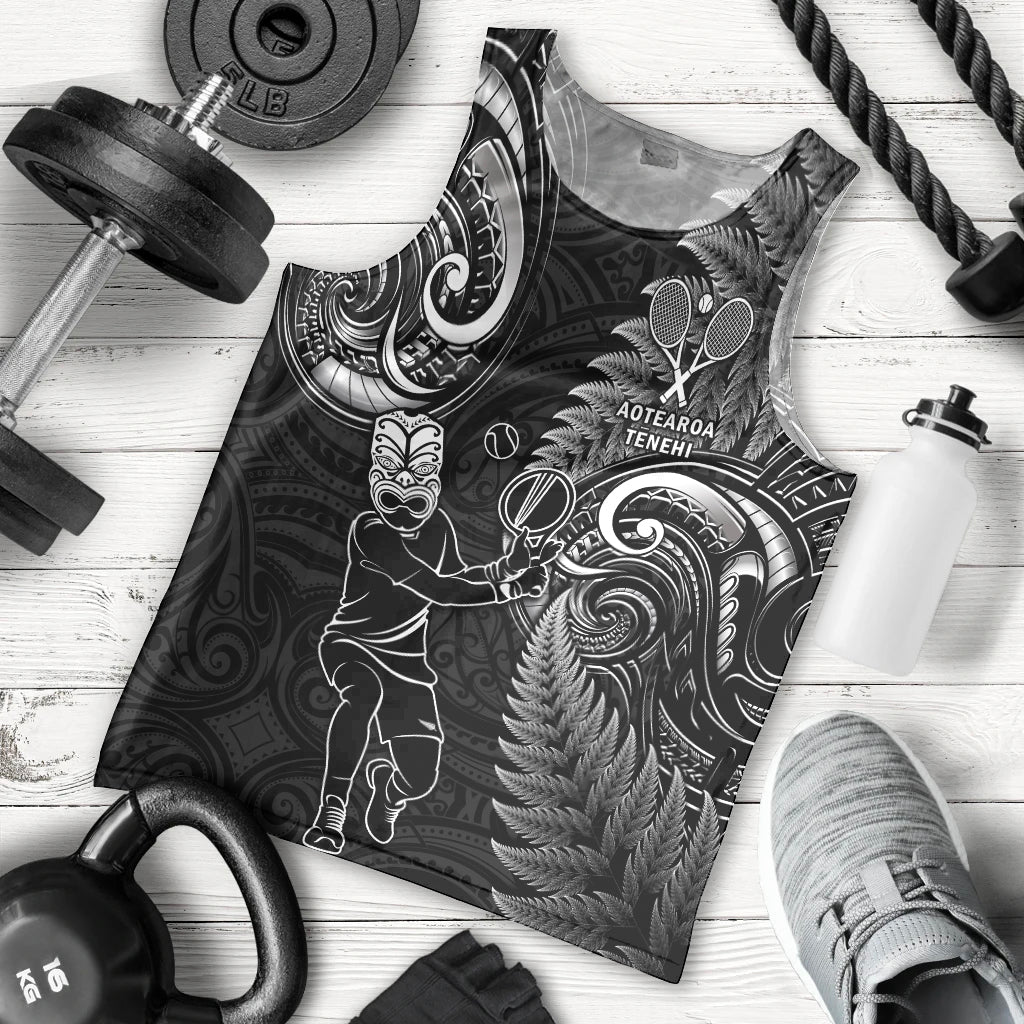 Custom New Zealand Tiki Tennis Men Tank Top 2024 Aotearoa Tenehi Maori Silver Fern - Black - Vibe Hoodie Shop