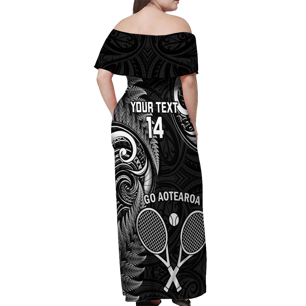 Custom New Zealand Tiki Tennis Off Shoulder Maxi Dress 2024 Aotearoa Tenehi Maori Silver Fern - Black