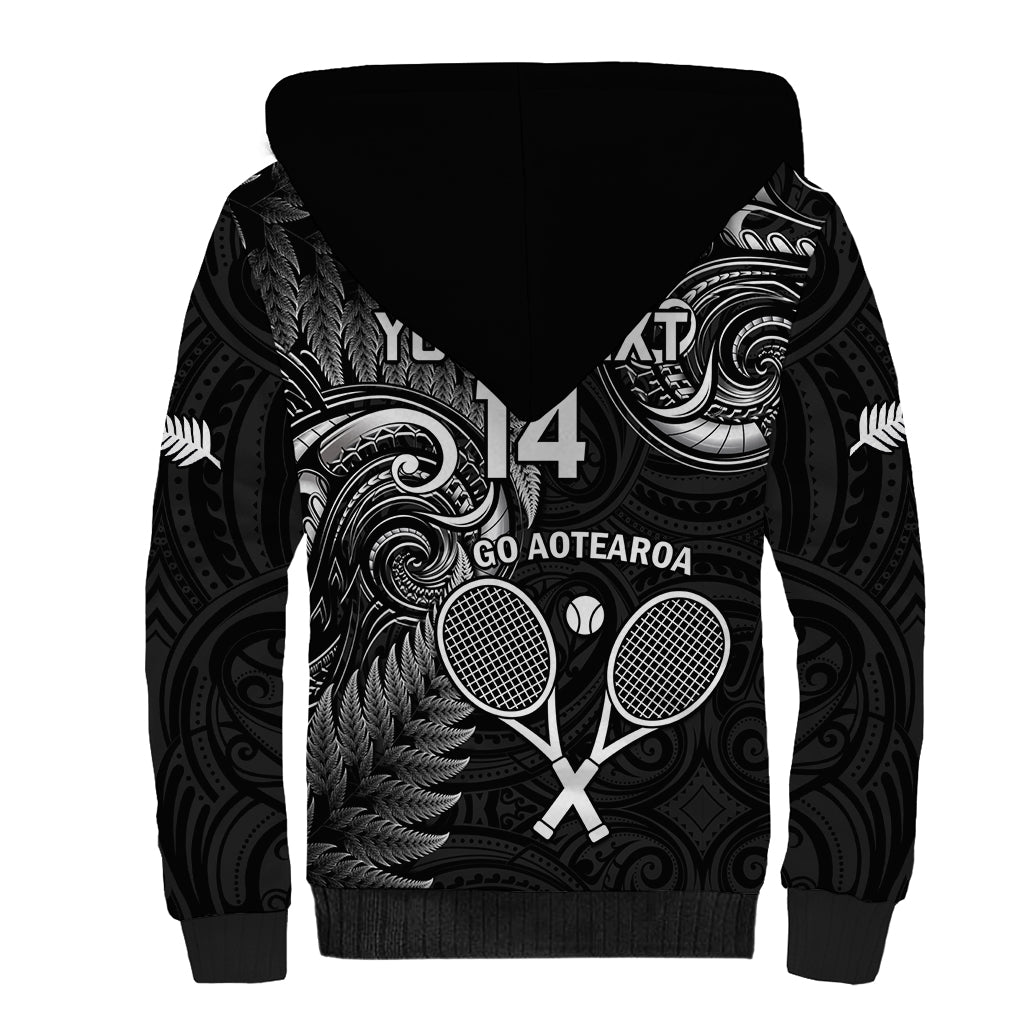 Custom New Zealand Tiki Tennis Sherpa Hoodie 2024 Aotearoa Tenehi Maori Silver Fern - Black - Vibe Hoodie Shop