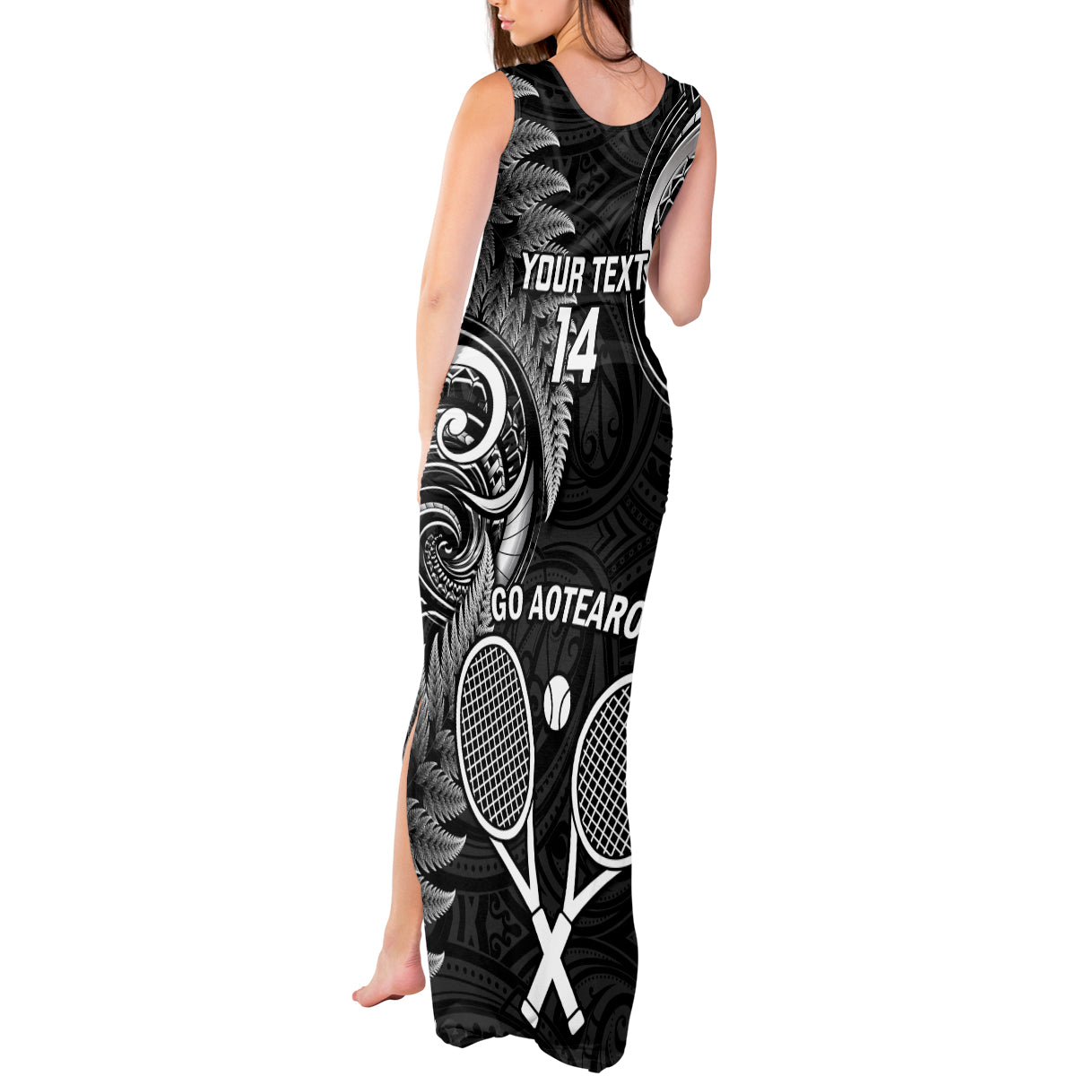 Custom New Zealand Tiki Tennis Tank Maxi Dress 2024 Aotearoa Tenehi Maori Silver Fern - Black