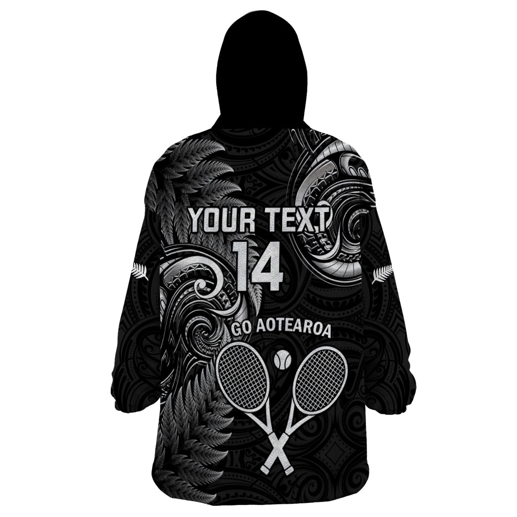 Custom New Zealand Tiki Tennis Wearable Blanket Hoodie 2024 Aotearoa Tenehi Maori Silver Fern - Black - Vibe Hoodie Shop