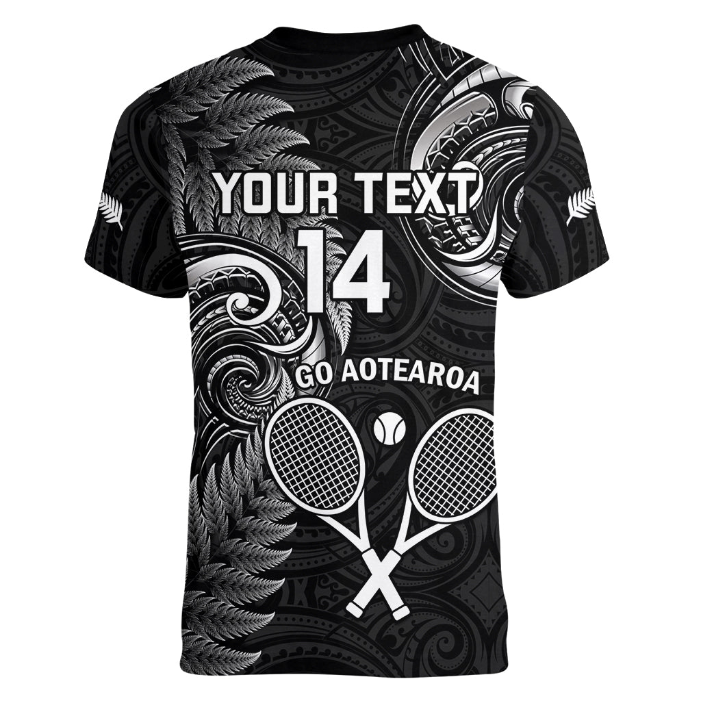 Custom New Zealand Tiki Tennis Women V Neck T Shirt 2024 Aotearoa Tenehi Maori Silver Fern - Black - Vibe Hoodie Shop