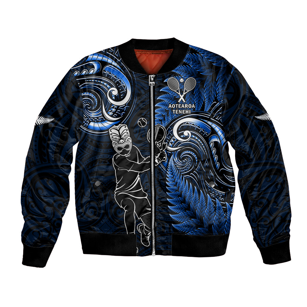 New Zealand Tiki Tennis Bomber Jacket 2024 Aotearoa Tenehi Maori Silver Fern - Blue - Vibe Hoodie Shop