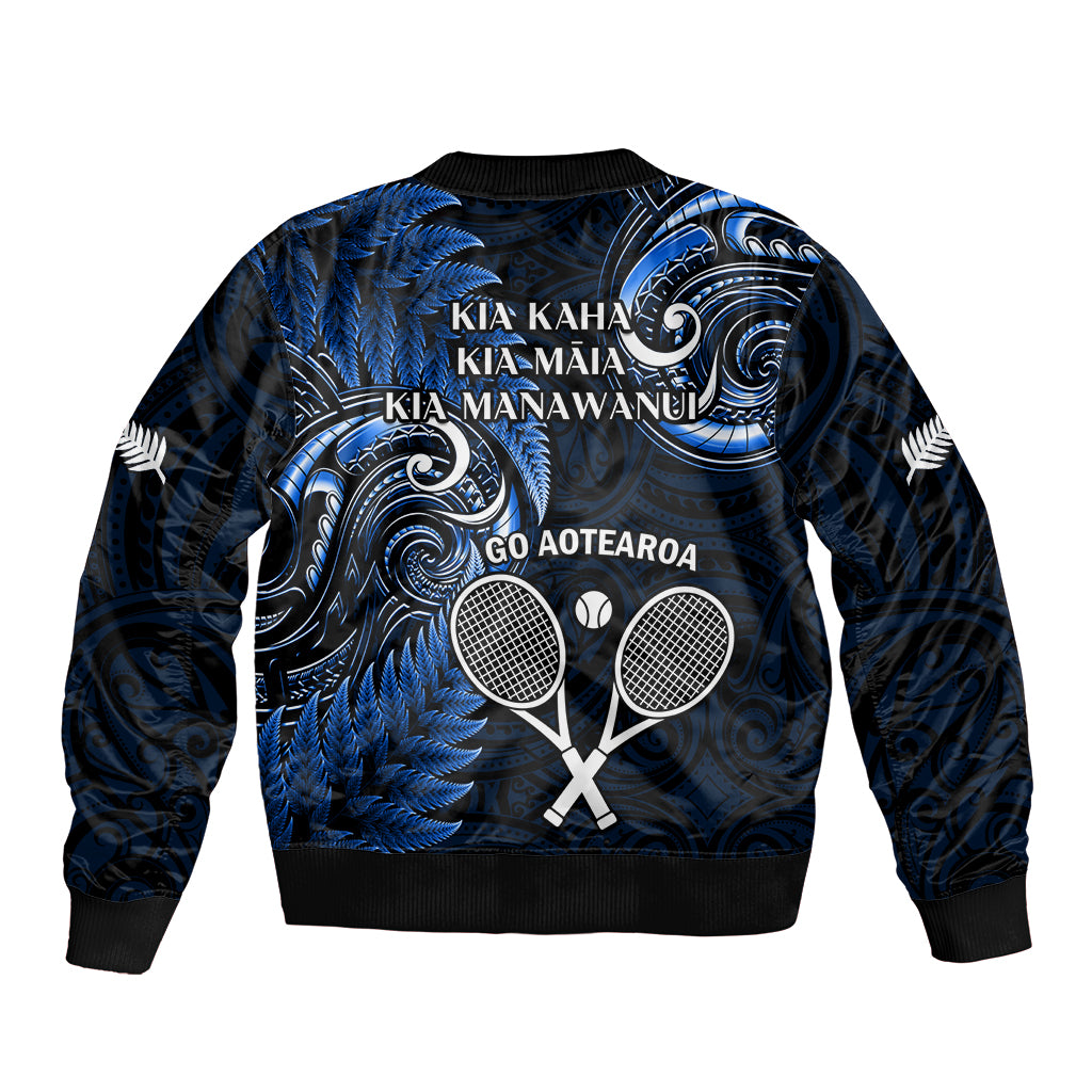 New Zealand Tiki Tennis Bomber Jacket 2024 Aotearoa Tenehi Maori Silver Fern - Blue - Vibe Hoodie Shop