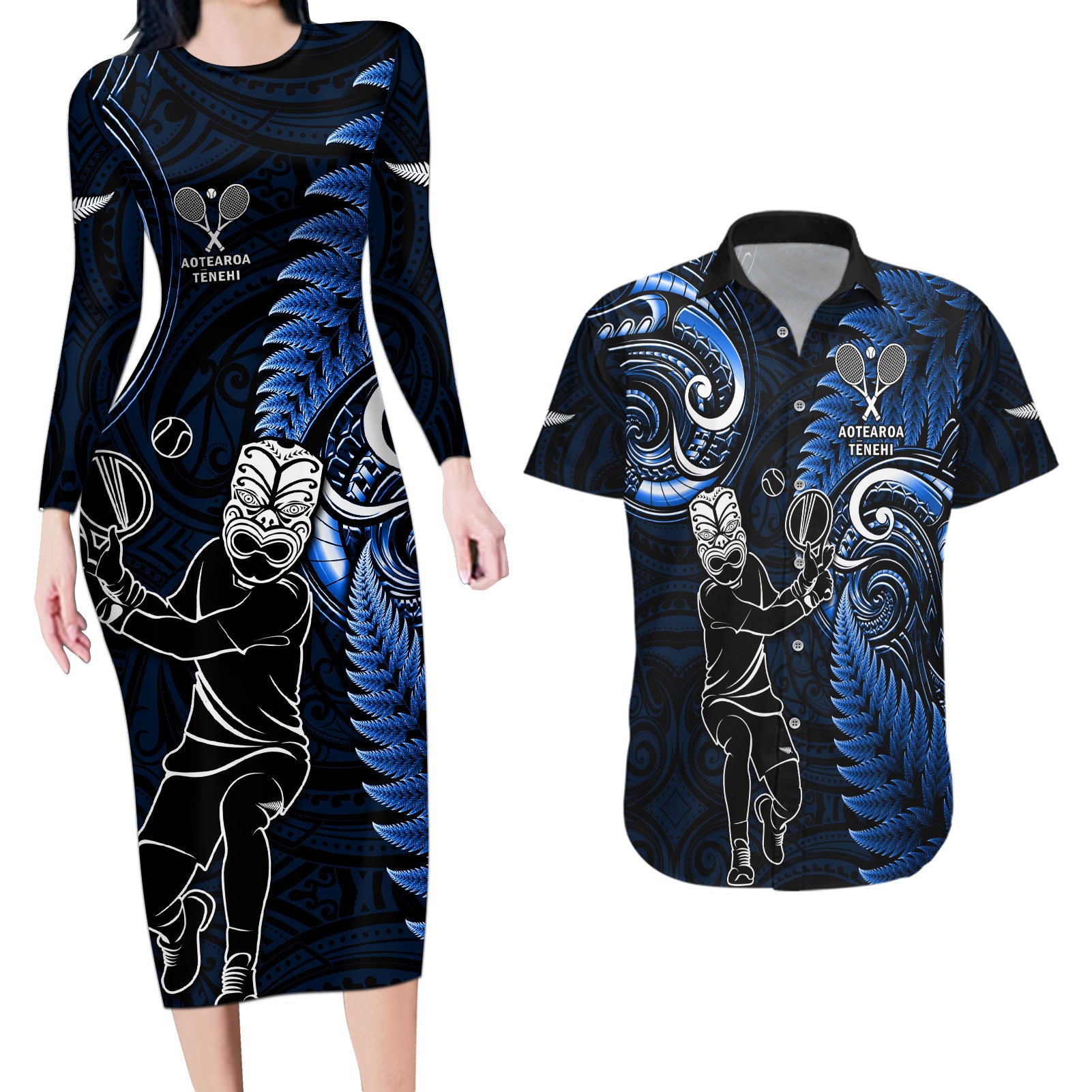 New Zealand Tiki Tennis Couples Matching Long Sleeve Bodycon Dress and Hawaiian Shirt 2024 Aotearoa Tenehi Maori Silver Fern - Blue