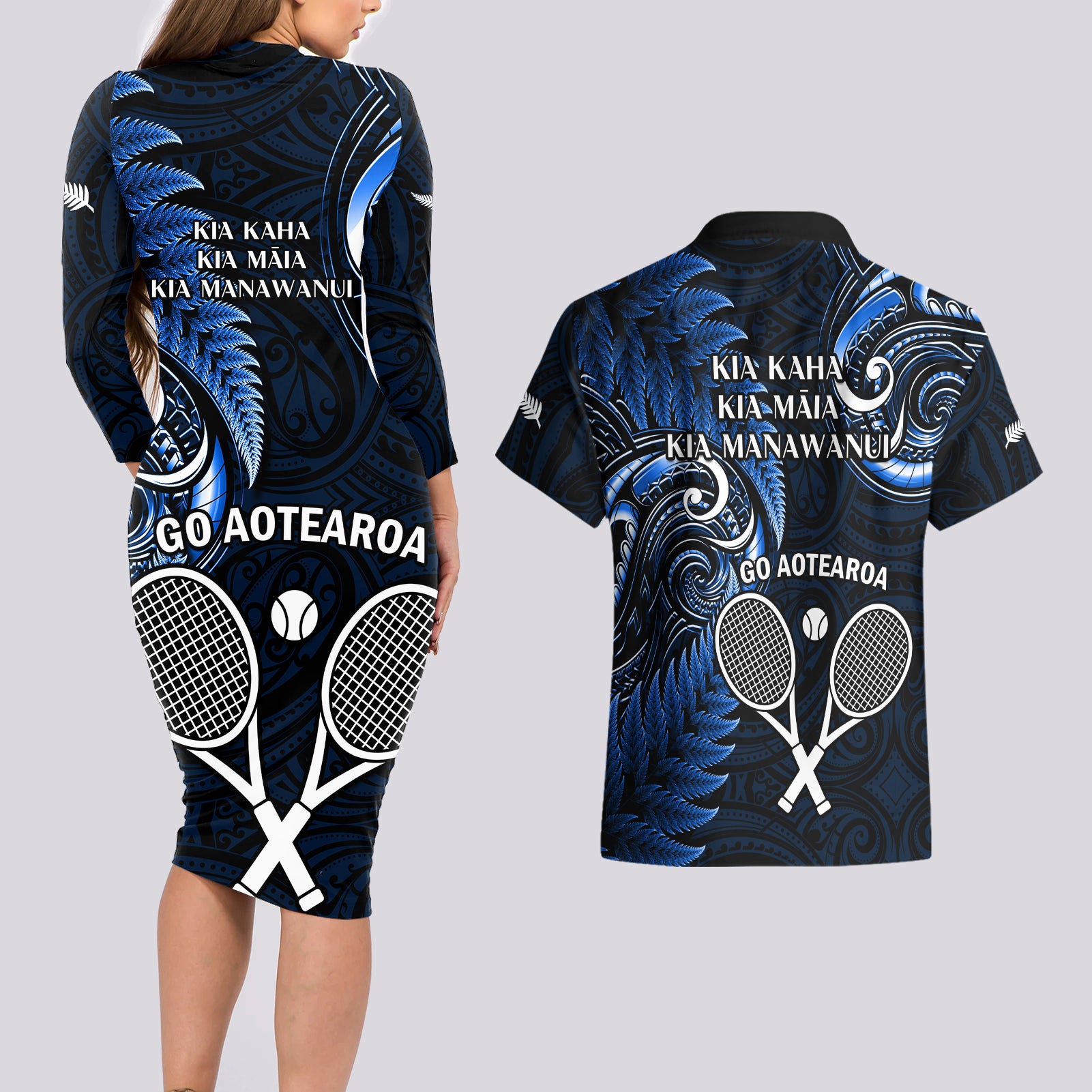 New Zealand Tiki Tennis Couples Matching Long Sleeve Bodycon Dress and Hawaiian Shirt 2024 Aotearoa Tenehi Maori Silver Fern - Blue