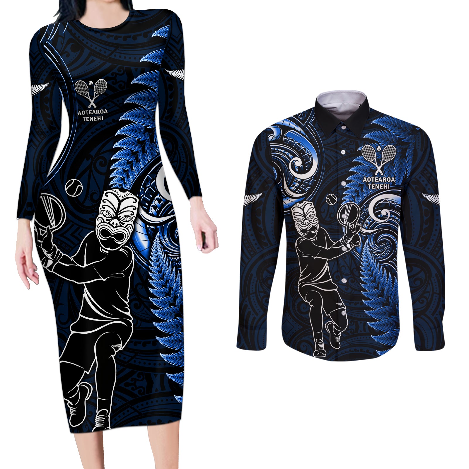 New Zealand Tiki Tennis Couples Matching Long Sleeve Bodycon Dress and Long Sleeve Button Shirt 2024 Aotearoa Tenehi Maori Silver Fern - Blue