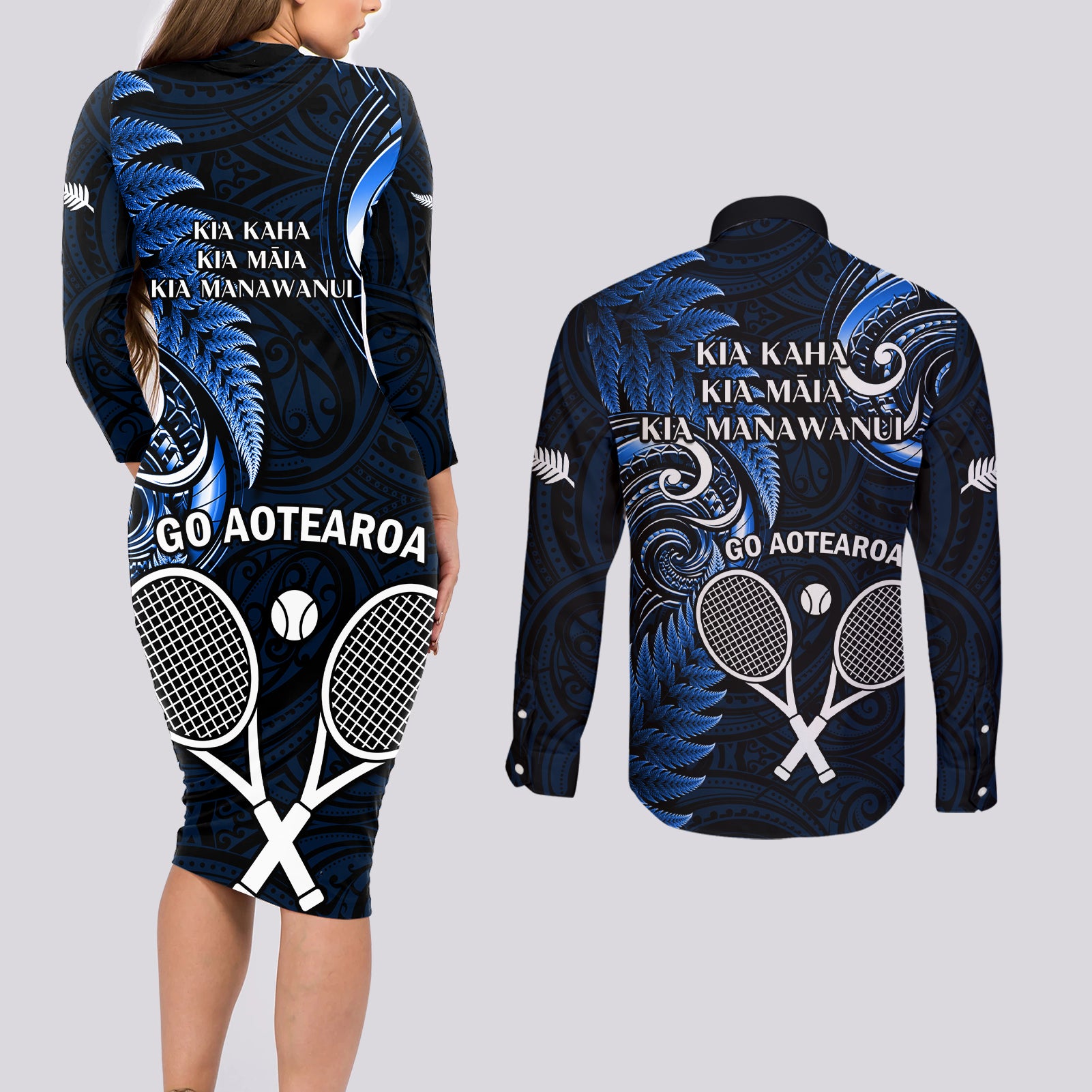 New Zealand Tiki Tennis Couples Matching Long Sleeve Bodycon Dress and Long Sleeve Button Shirt 2024 Aotearoa Tenehi Maori Silver Fern - Blue