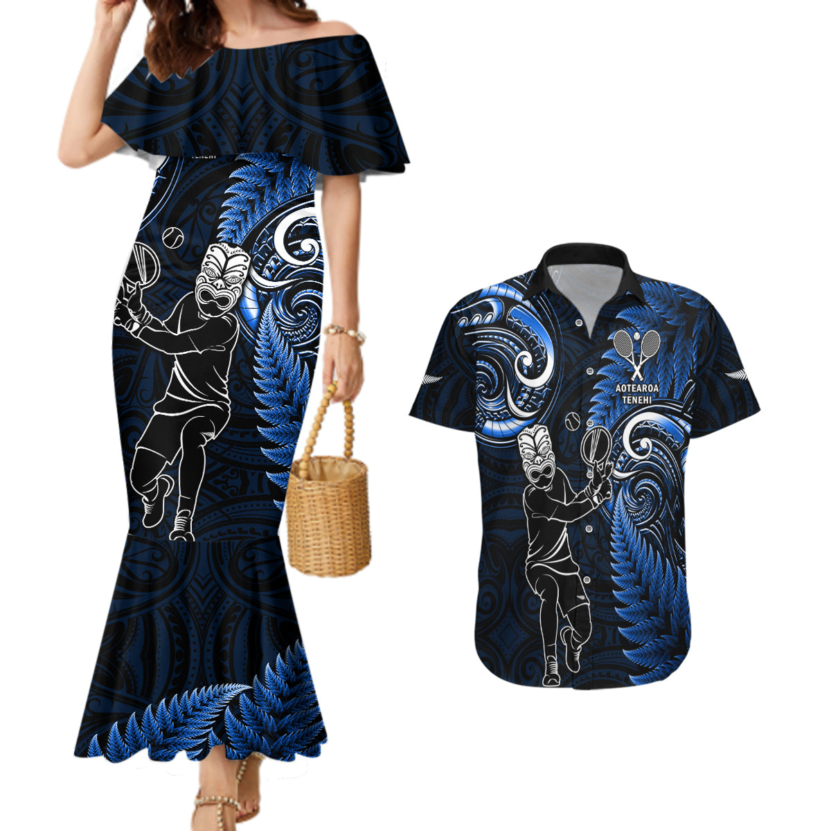 New Zealand Tiki Tennis Couples Matching Mermaid Dress and Hawaiian Shirt 2024 Aotearoa Tenehi Maori Silver Fern - Blue