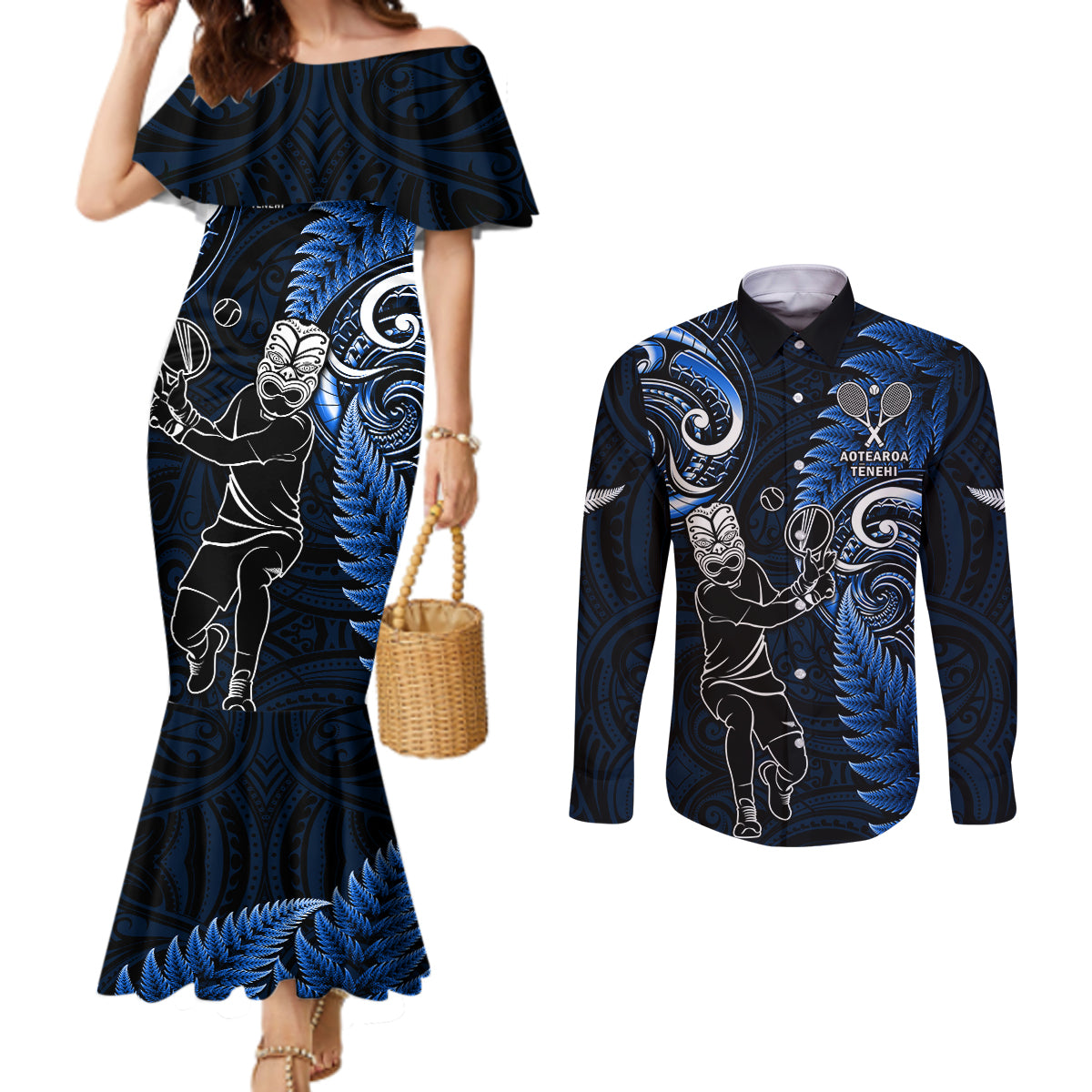 New Zealand Tiki Tennis Couples Matching Mermaid Dress and Long Sleeve Button Shirt 2024 Aotearoa Tenehi Maori Silver Fern - Blue