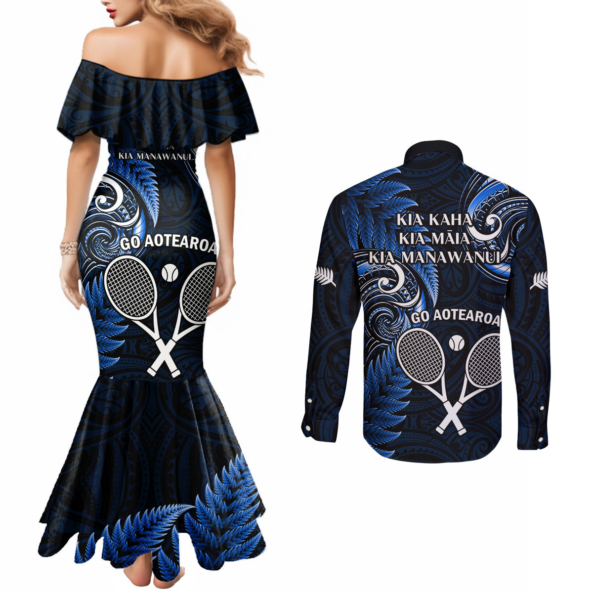 New Zealand Tiki Tennis Couples Matching Mermaid Dress and Long Sleeve Button Shirt 2024 Aotearoa Tenehi Maori Silver Fern - Blue