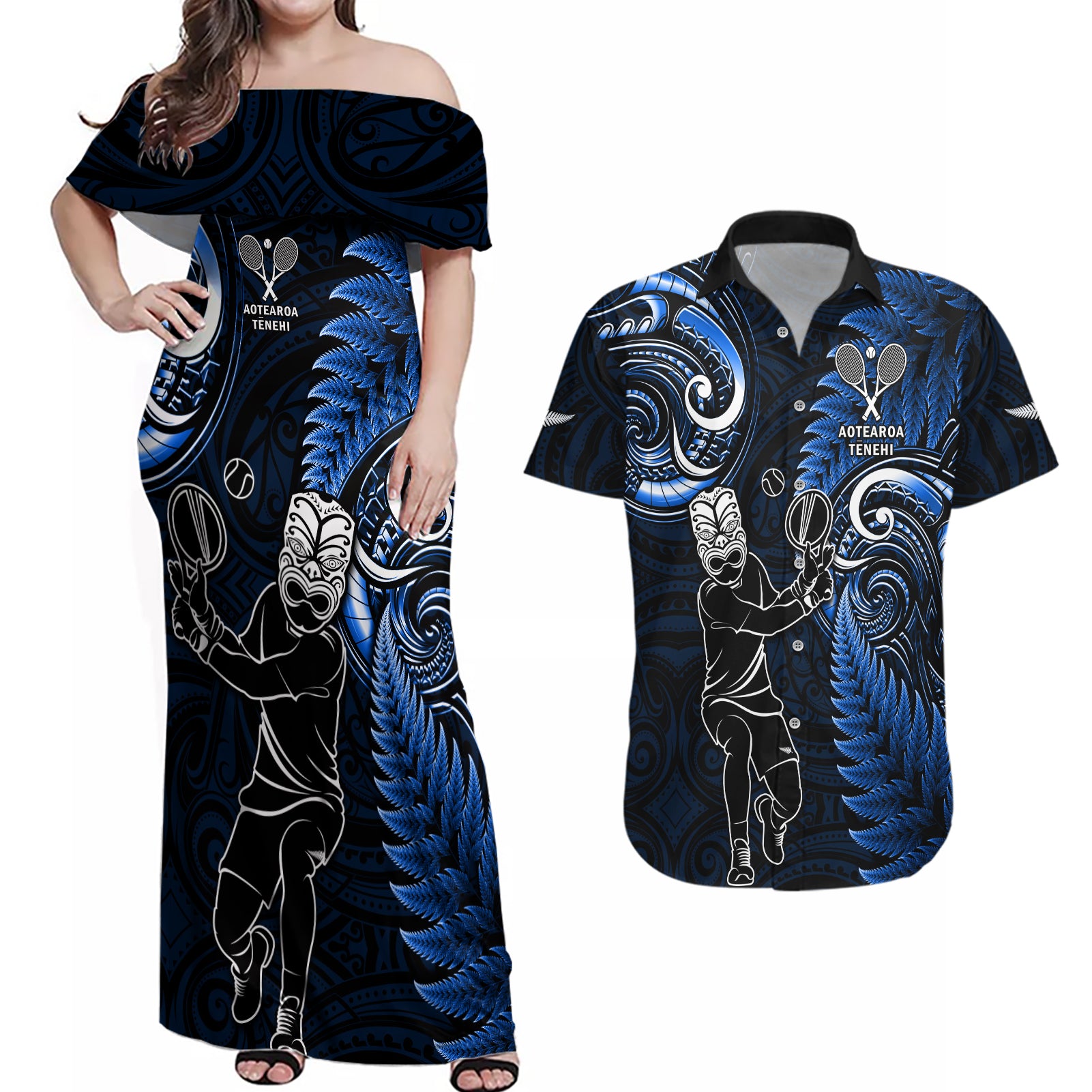 New Zealand Tiki Tennis Couples Matching Off Shoulder Maxi Dress and Hawaiian Shirt 2024 Aotearoa Tenehi Maori Silver Fern - Blue