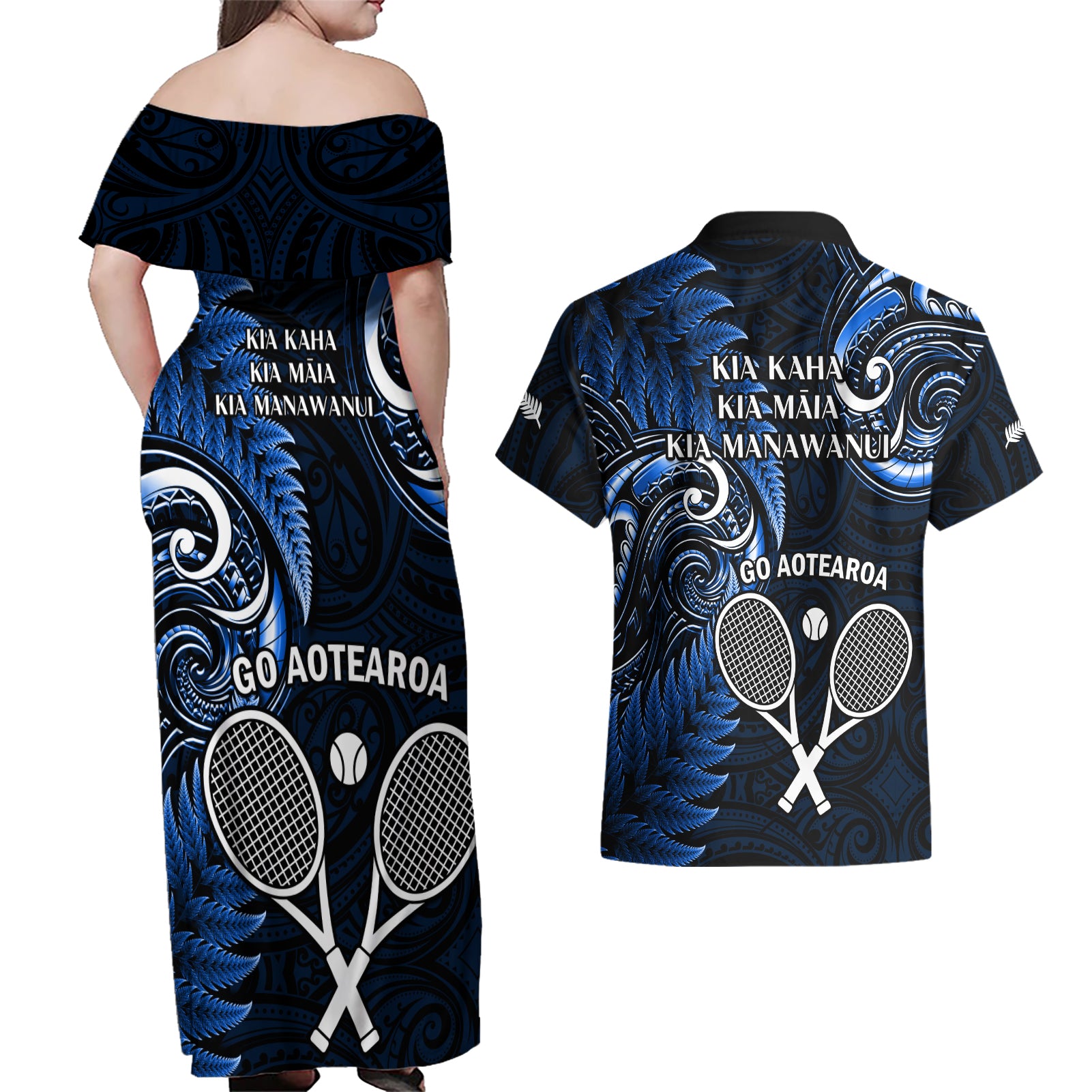 New Zealand Tiki Tennis Couples Matching Off Shoulder Maxi Dress and Hawaiian Shirt 2024 Aotearoa Tenehi Maori Silver Fern - Blue