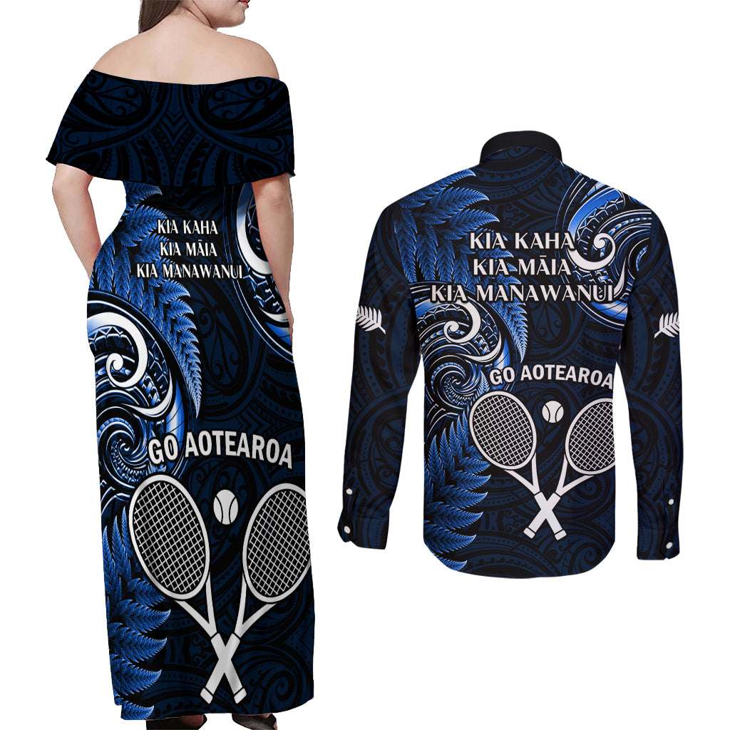 New Zealand Tiki Tennis Couples Matching Off Shoulder Maxi Dress and Long Sleeve Button Shirt 2024 Aotearoa Tenehi Maori Silver Fern - Blue