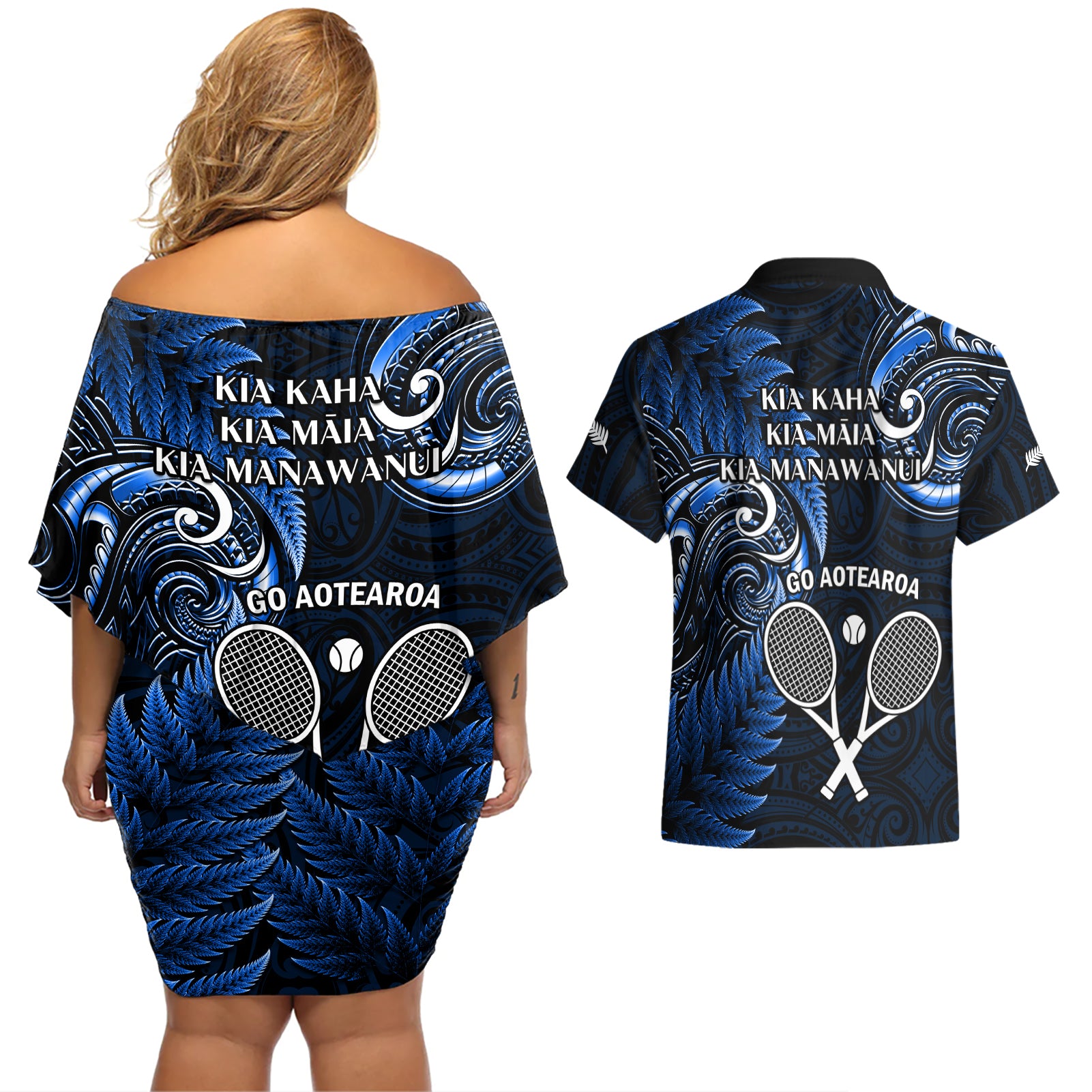 New Zealand Tiki Tennis Couples Matching Off Shoulder Short Dress and Hawaiian Shirt 2024 Aotearoa Tenehi Maori Silver Fern - Blue