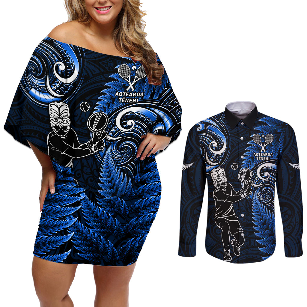 New Zealand Tiki Tennis Couples Matching Off Shoulder Short Dress and Long Sleeve Button Shirt 2024 Aotearoa Tenehi Maori Silver Fern - Blue