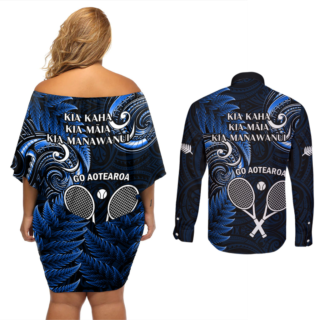 New Zealand Tiki Tennis Couples Matching Off Shoulder Short Dress and Long Sleeve Button Shirt 2024 Aotearoa Tenehi Maori Silver Fern - Blue