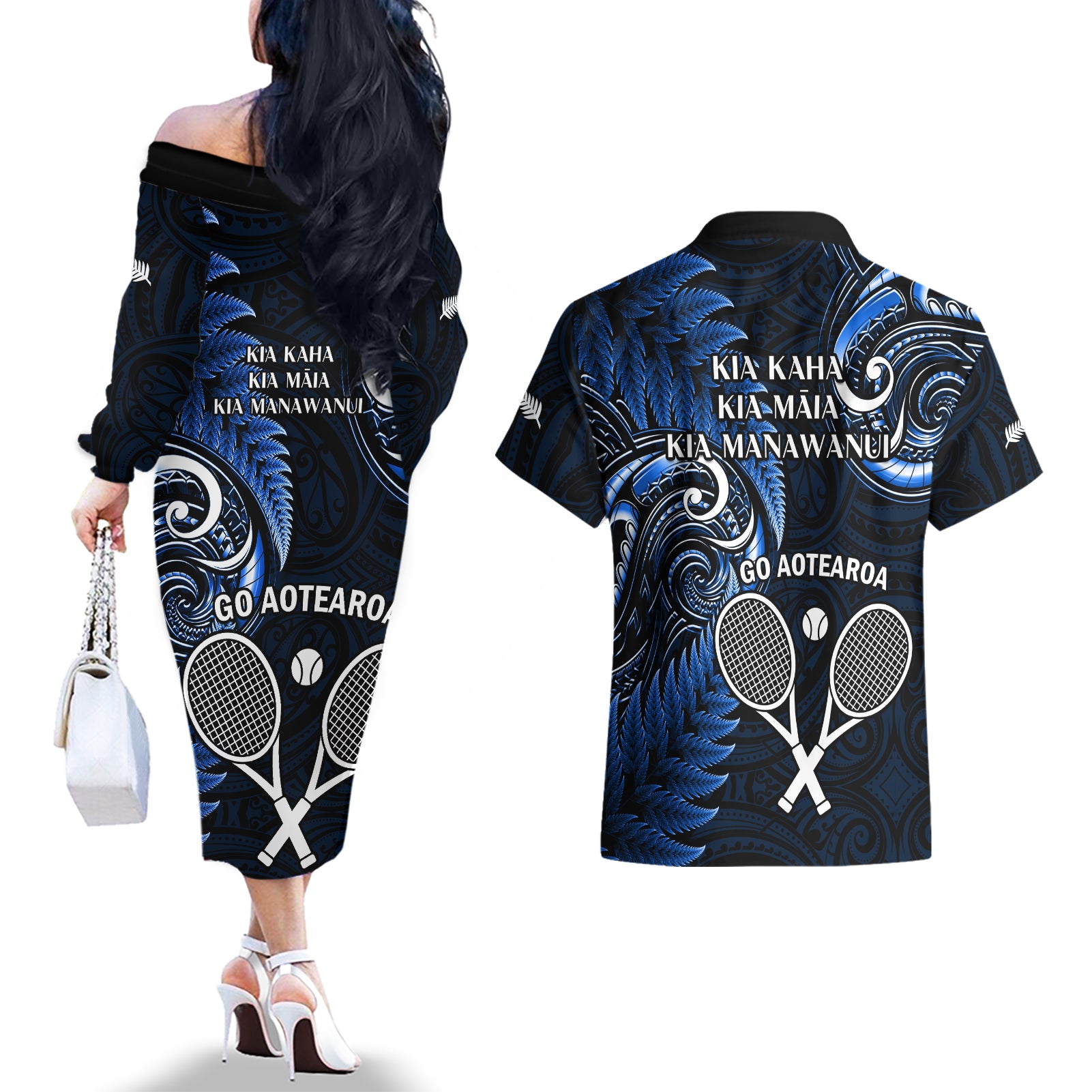 New Zealand Tiki Tennis Couples Matching Off The Shoulder Long Sleeve Dress and Hawaiian Shirt 2024 Aotearoa Tenehi Maori Silver Fern - Blue