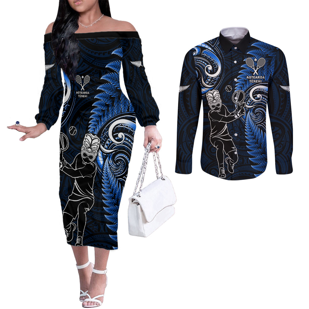 New Zealand Tiki Tennis Couples Matching Off The Shoulder Long Sleeve Dress and Long Sleeve Button Shirt 2024 Aotearoa Tenehi Maori Silver Fern - Blue