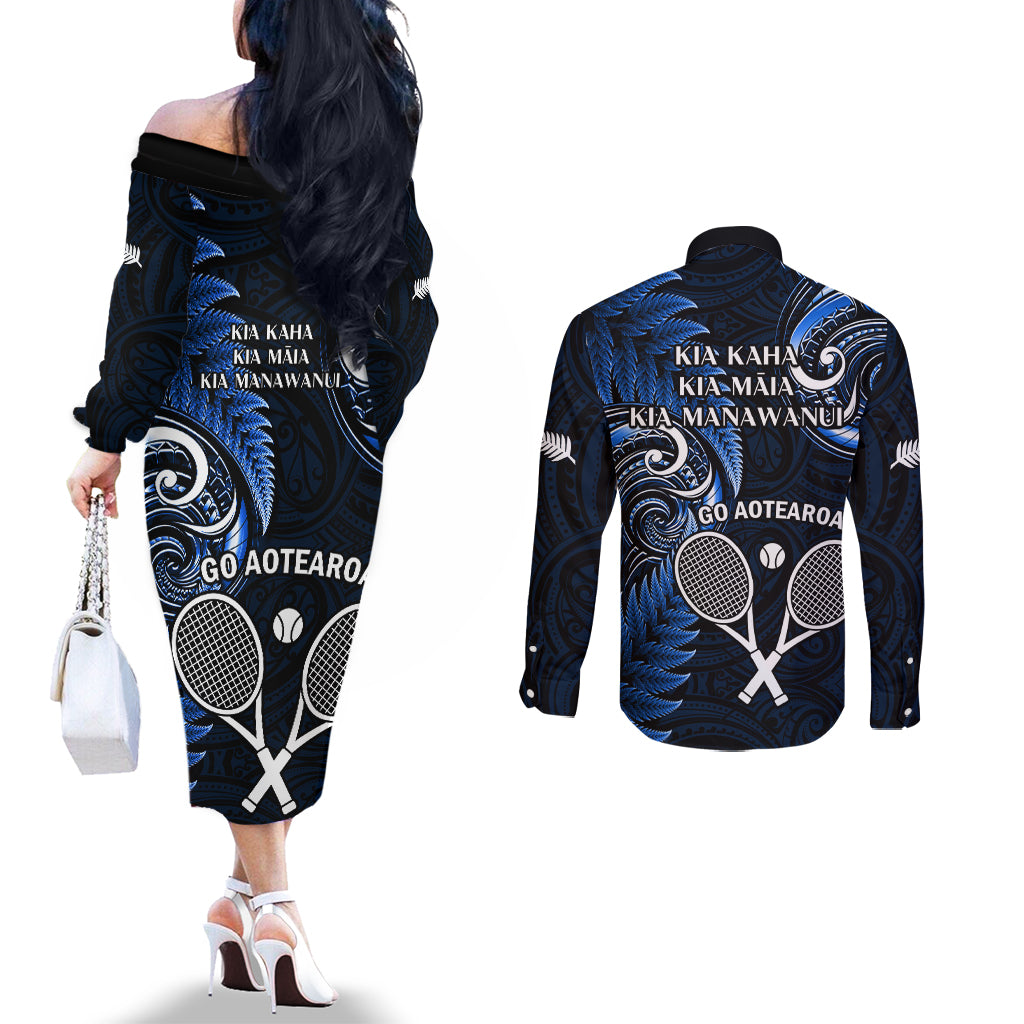 New Zealand Tiki Tennis Couples Matching Off The Shoulder Long Sleeve Dress and Long Sleeve Button Shirt 2024 Aotearoa Tenehi Maori Silver Fern - Blue