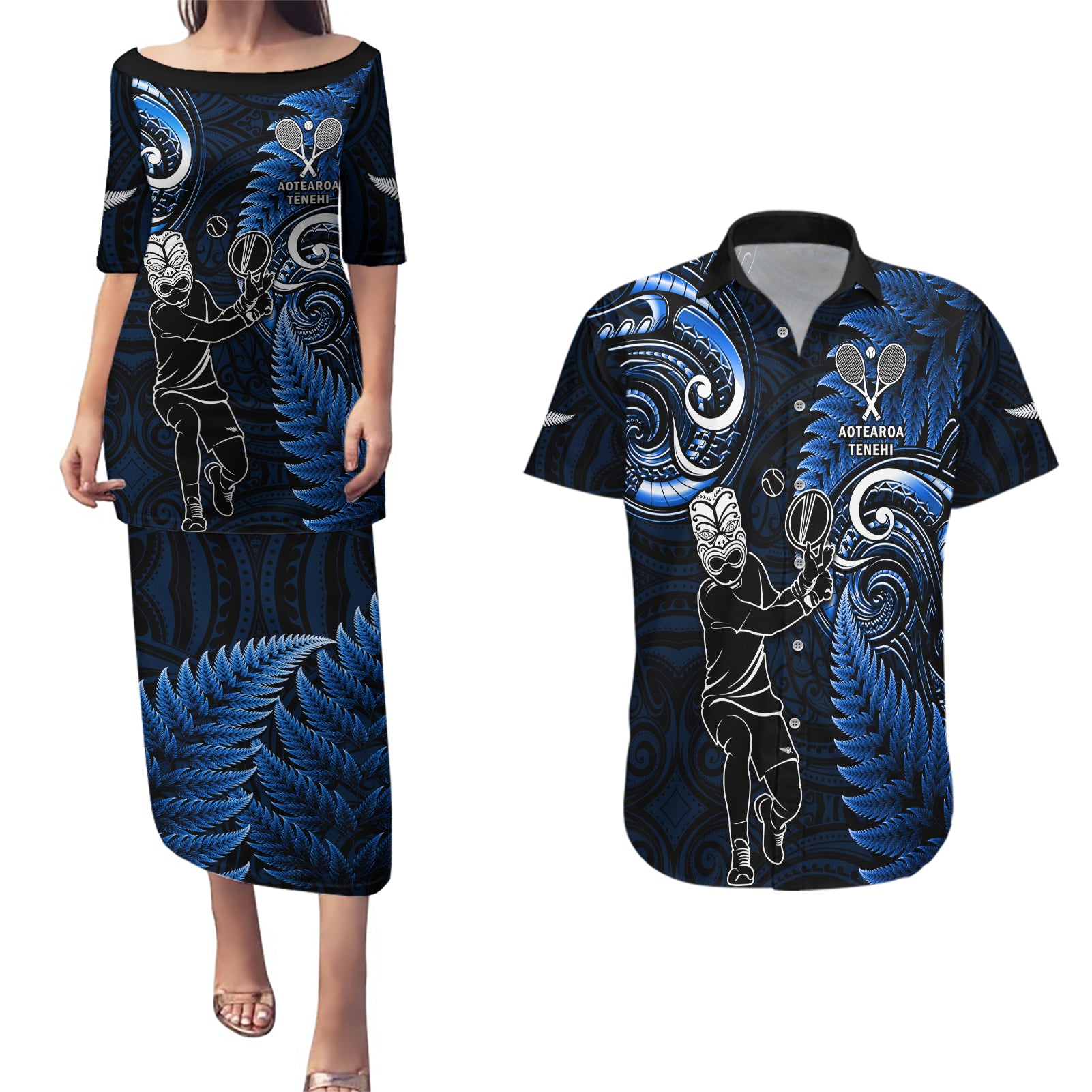 New Zealand Tiki Tennis Couples Matching Puletasi and Hawaiian Shirt 2024 Aotearoa Tenehi Maori Silver Fern - Blue