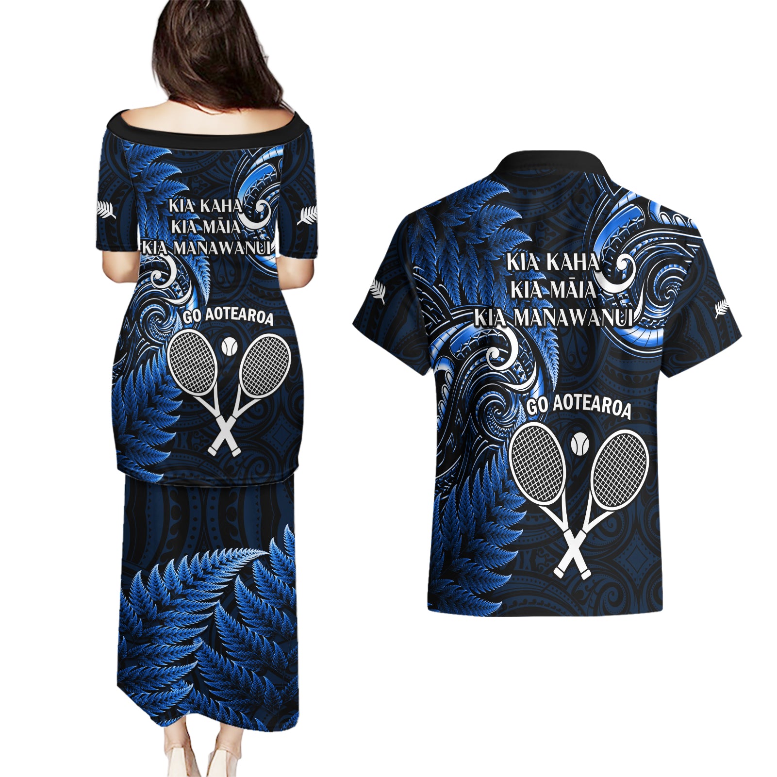 New Zealand Tiki Tennis Couples Matching Puletasi and Hawaiian Shirt 2024 Aotearoa Tenehi Maori Silver Fern - Blue