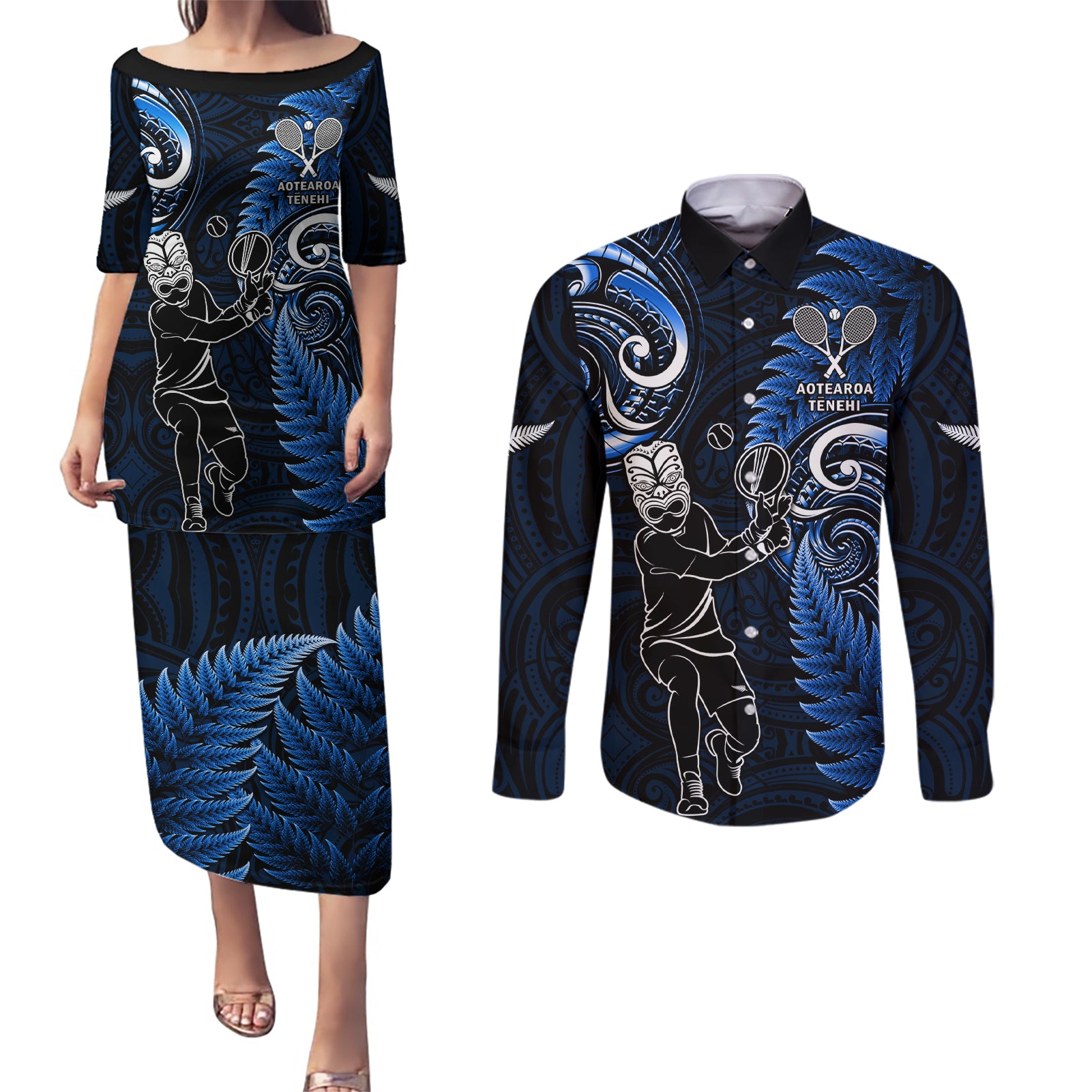 New Zealand Tiki Tennis Couples Matching Puletasi and Long Sleeve Button Shirt 2024 Aotearoa Tenehi Maori Silver Fern - Blue