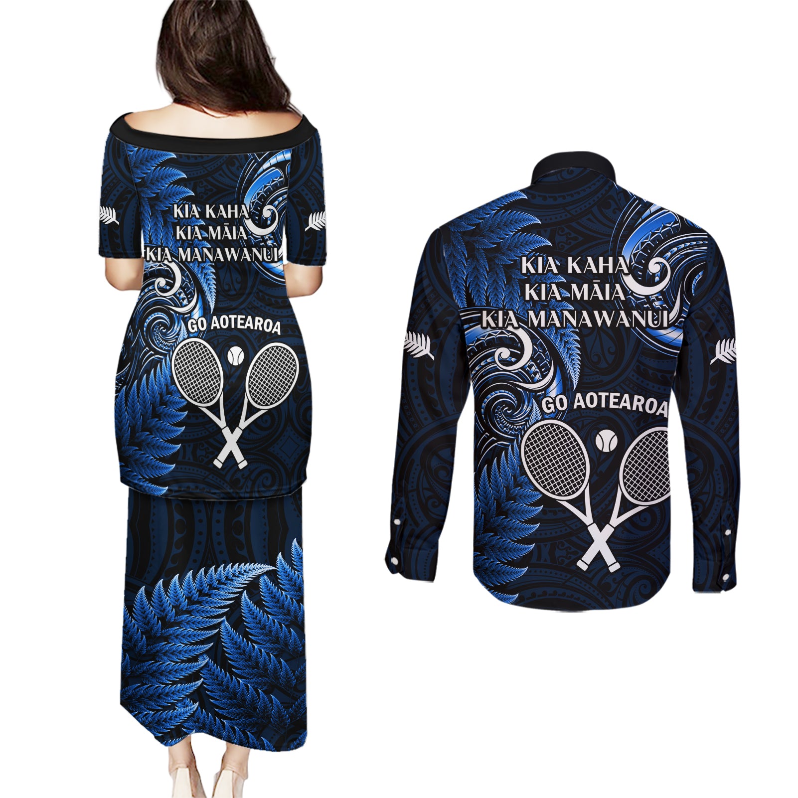 New Zealand Tiki Tennis Couples Matching Puletasi and Long Sleeve Button Shirt 2024 Aotearoa Tenehi Maori Silver Fern - Blue