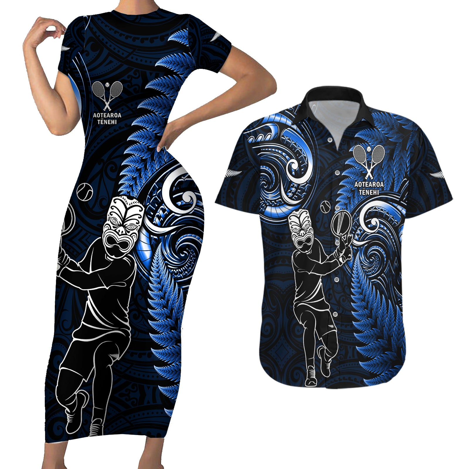 New Zealand Tiki Tennis Couples Matching Short Sleeve Bodycon Dress and Hawaiian Shirt 2024 Aotearoa Tenehi Maori Silver Fern - Blue