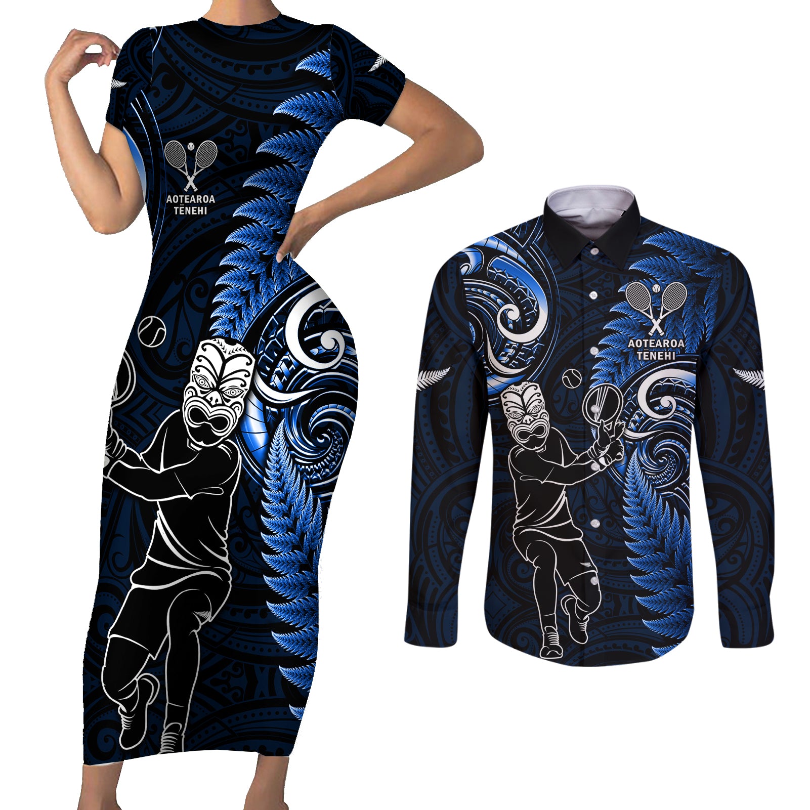 New Zealand Tiki Tennis Couples Matching Short Sleeve Bodycon Dress and Long Sleeve Button Shirt 2024 Aotearoa Tenehi Maori Silver Fern - Blue